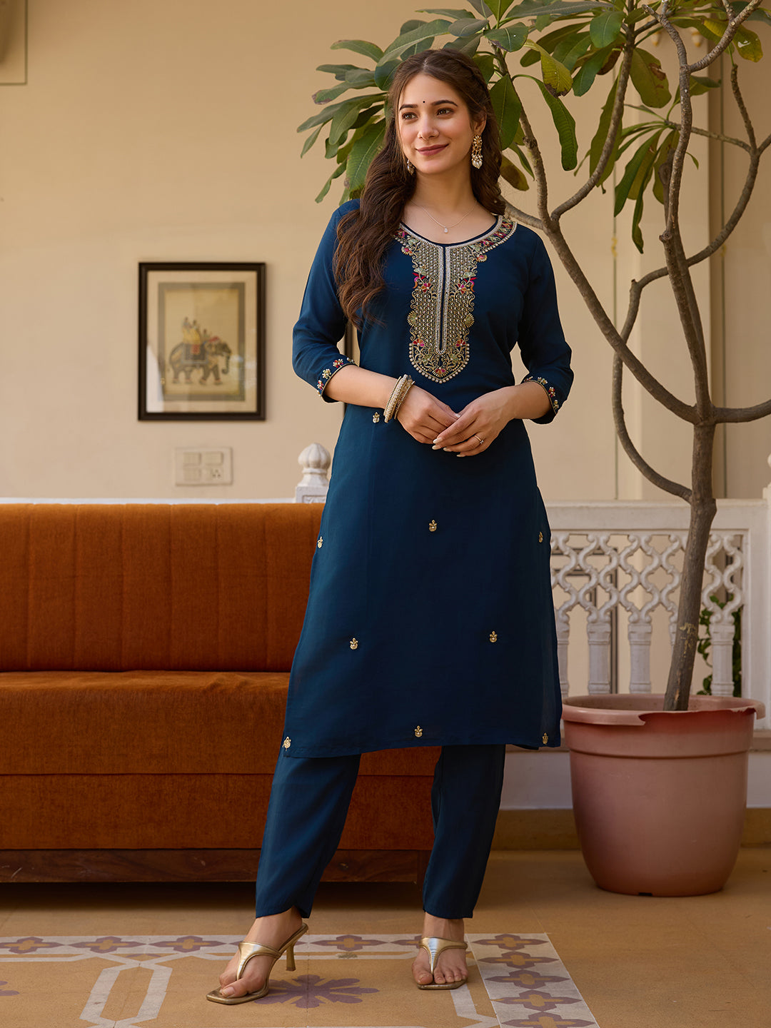 Wedding Wear Navy Blue Color Viscose Chanderi With Embroidered Beads Work Designer Kurta Set