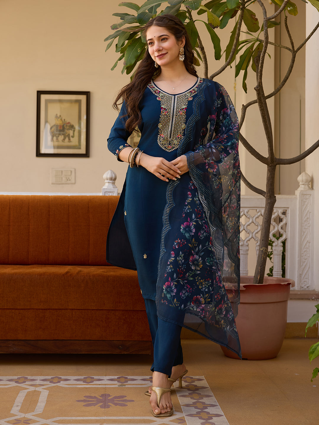 Wedding Wear Navy Blue Color Viscose Chanderi With Embroidered Beads Work Designer Kurta Set