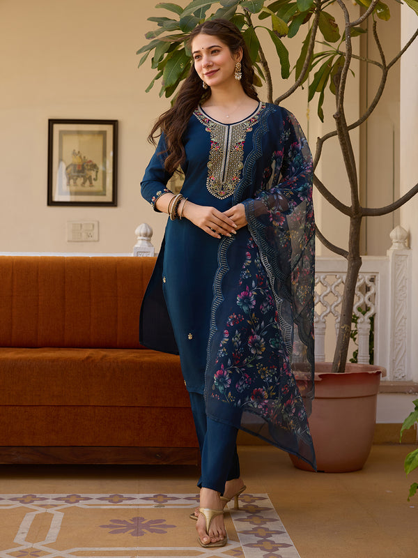 Wedding Wear Navy Blue Color Viscose Chanderi With Embroidered Beads Work Designer Kurta Set