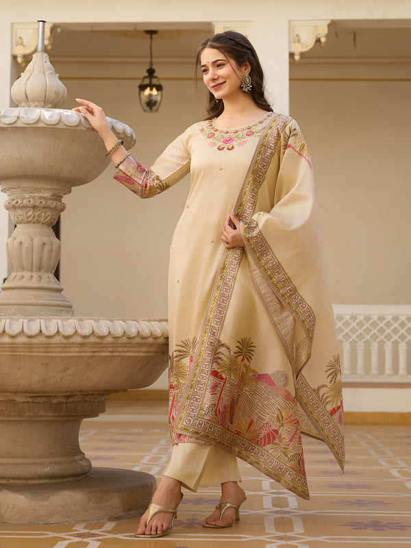 Casual Wear Cream Color Viscose Assam Silk With Embroidered Beads Work Beautiful Kurta Set