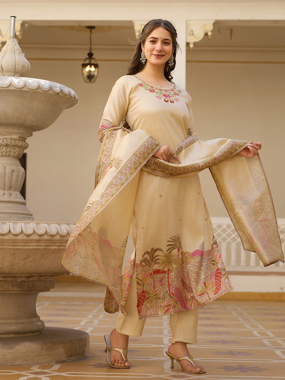 Casual Wear Cream Color Viscose Assam Silk With Embroidered Beads Work Beautiful Kurta Set