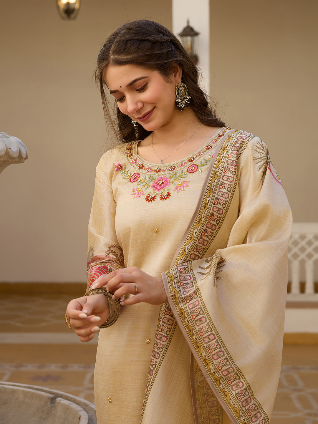 Casual Wear Cream Color Viscose Assam Silk With Embroidered Beads Work Beautiful Kurta Set