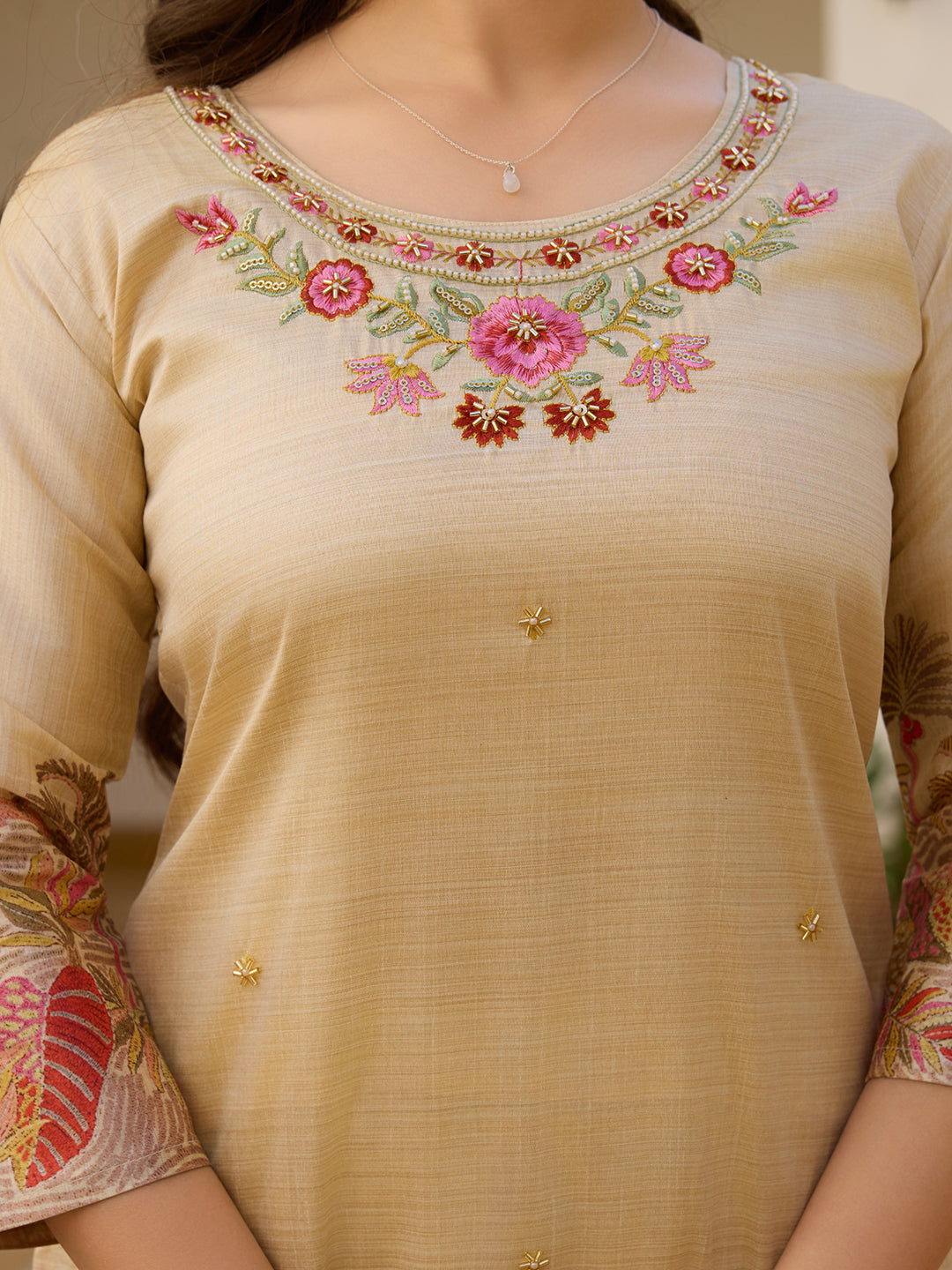 Casual Wear Cream Color Viscose Assam Silk With Embroidered Beads Work Beautiful Kurta Set