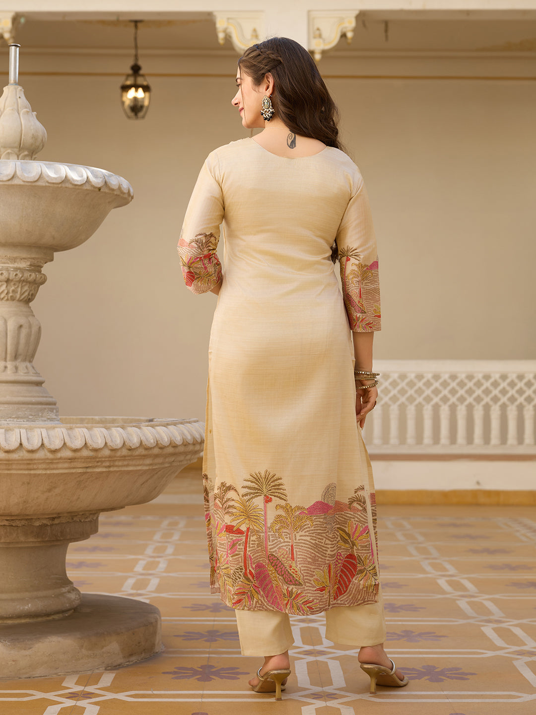 Casual Wear Cream Color Viscose Assam Silk With Embroidered Beads Work Beautiful Kurta Set