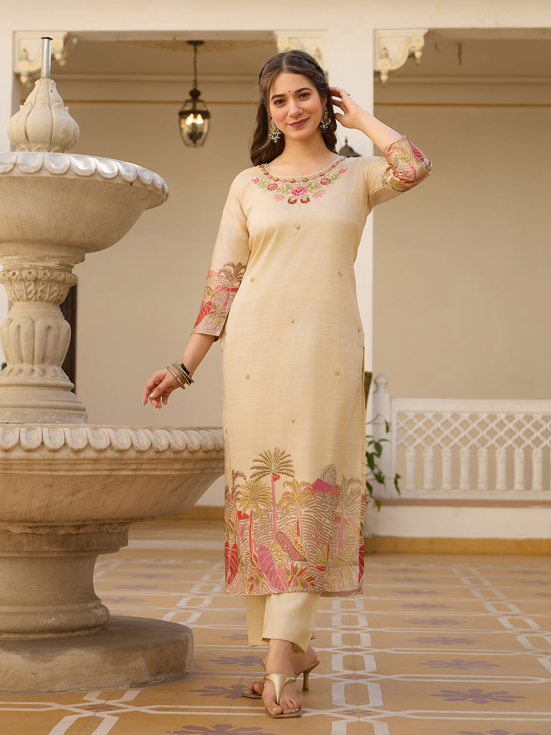 Casual Wear Cream Color Viscose Assam Silk With Embroidered Beads Work Beautiful Kurta Set