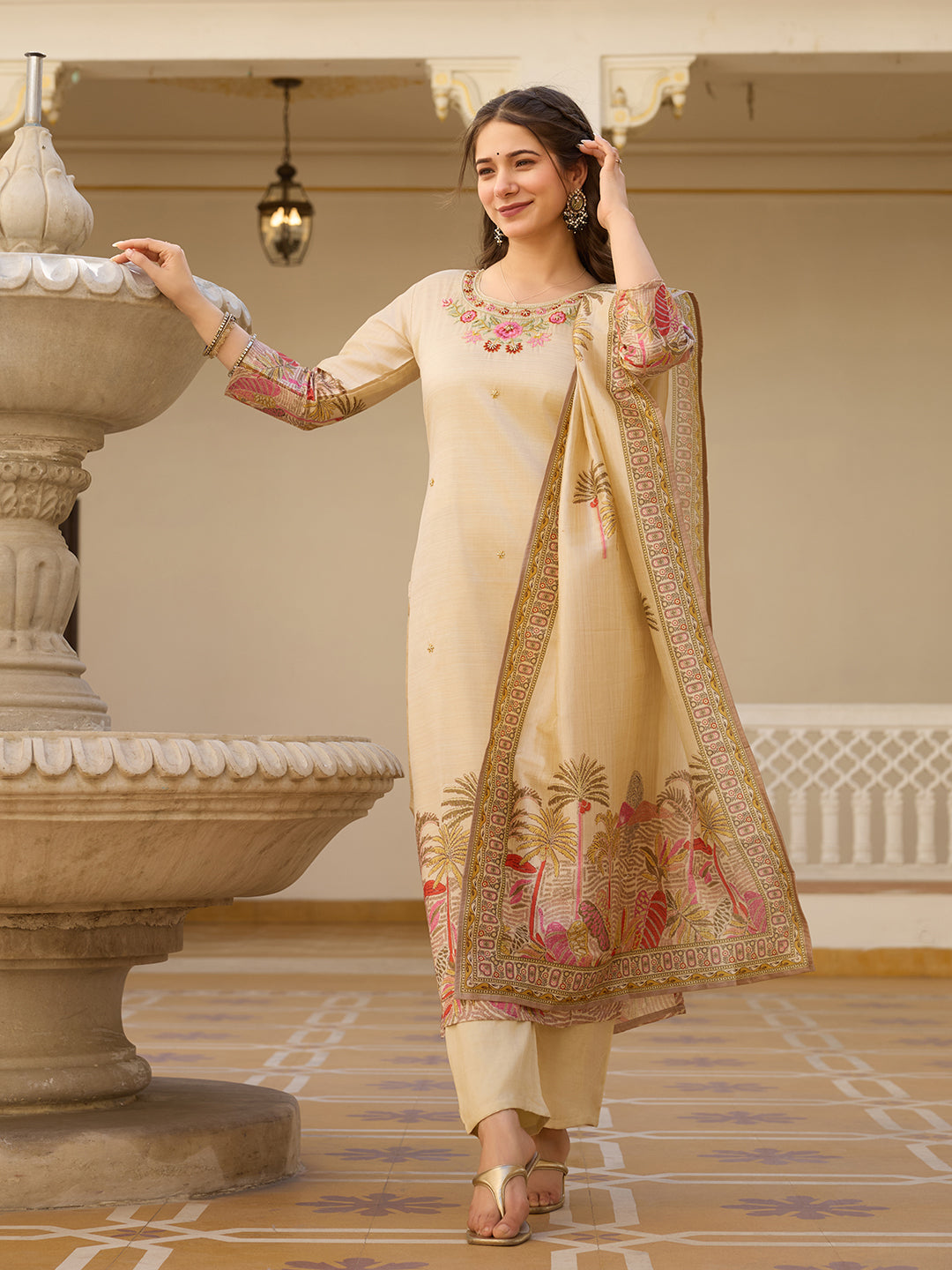 Casual Wear Cream Color Viscose Assam Silk With Embroidered Beads Work Beautiful Kurta Set