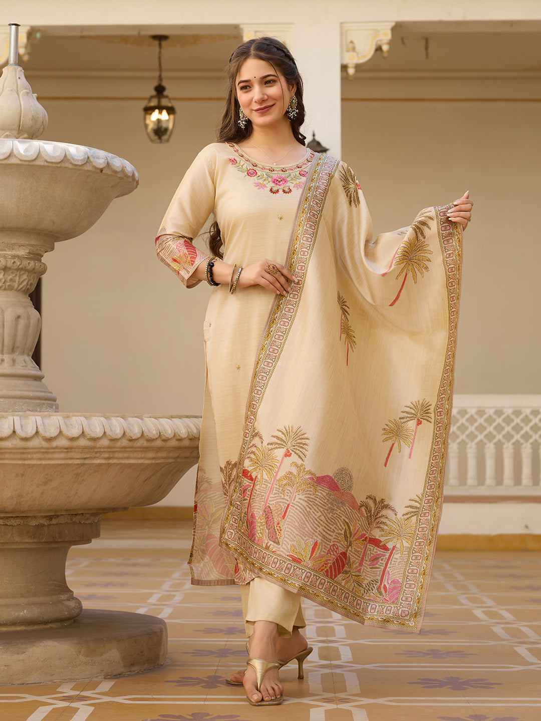 Casual Wear Cream Color Viscose Assam Silk With Embroidered Beads Work Beautiful Kurta Set