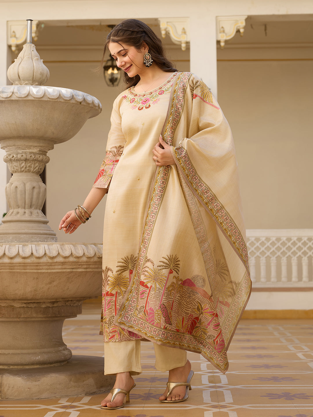 Casual Wear Cream Color Viscose Assam Silk With Embroidered Beads Work Beautiful Kurta Set
