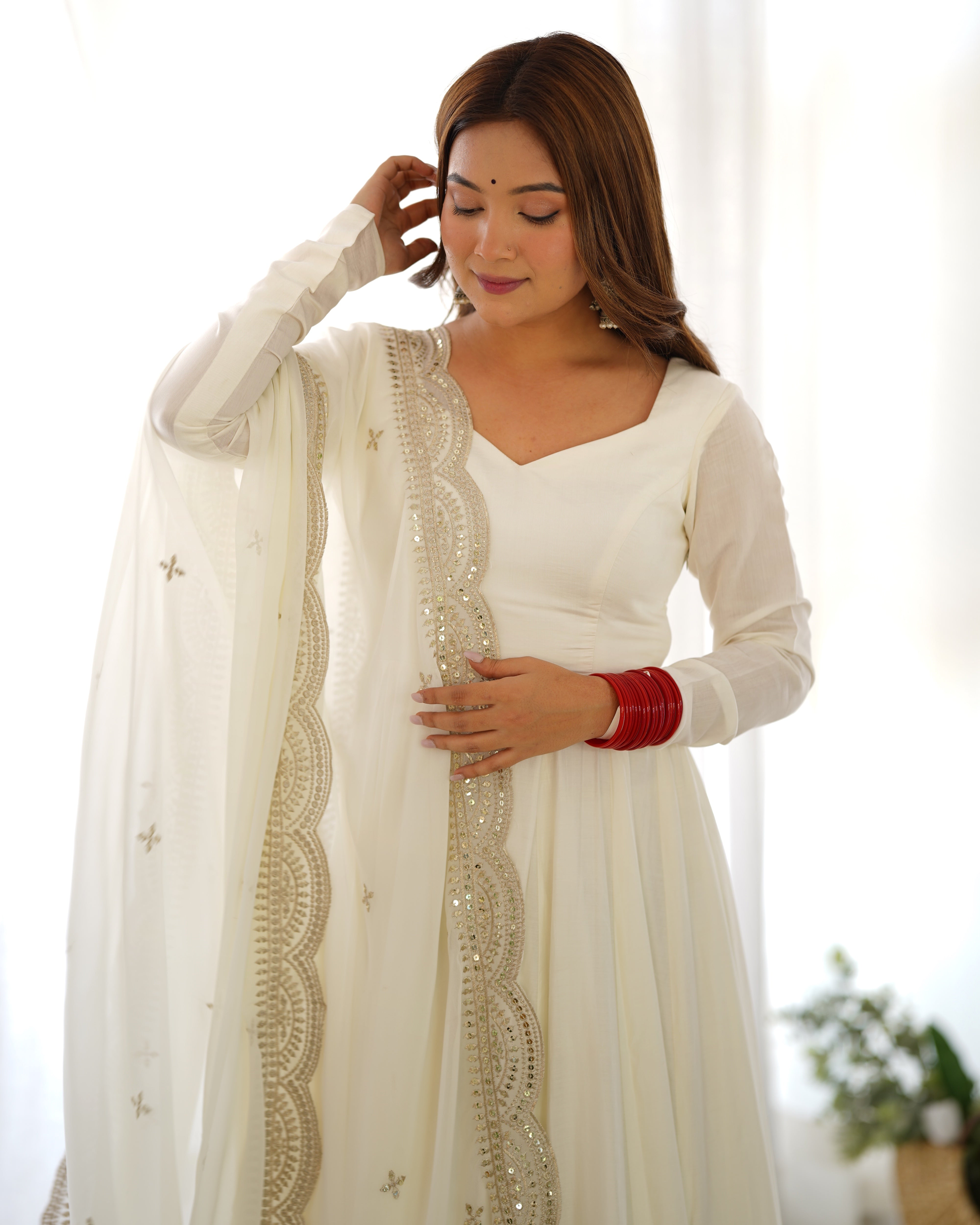 White Color Plain Gown With Work Dupatta