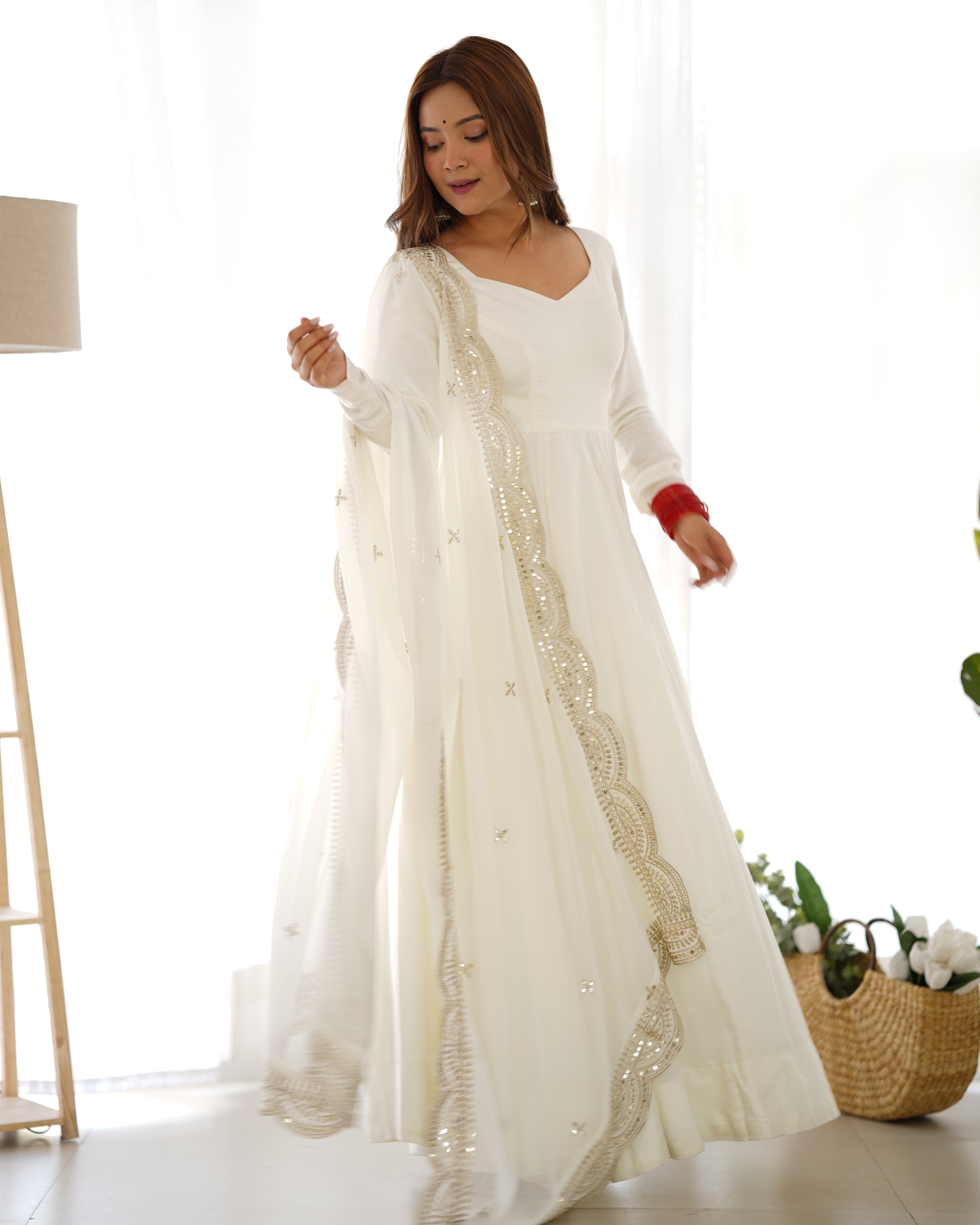 White Color Plain Gown With Work Dupatta