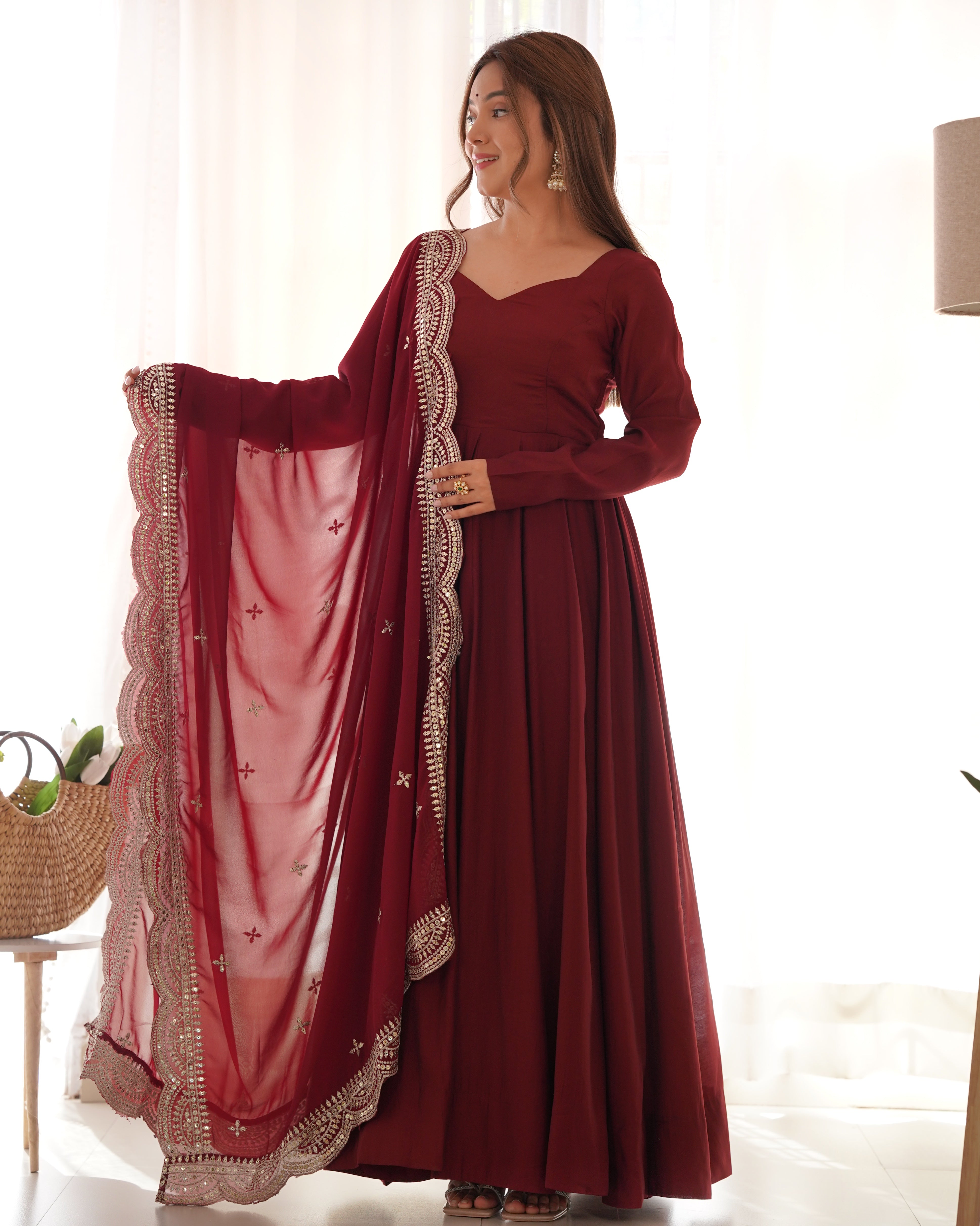 Maroon Color Plain Gown With Work Dupatta