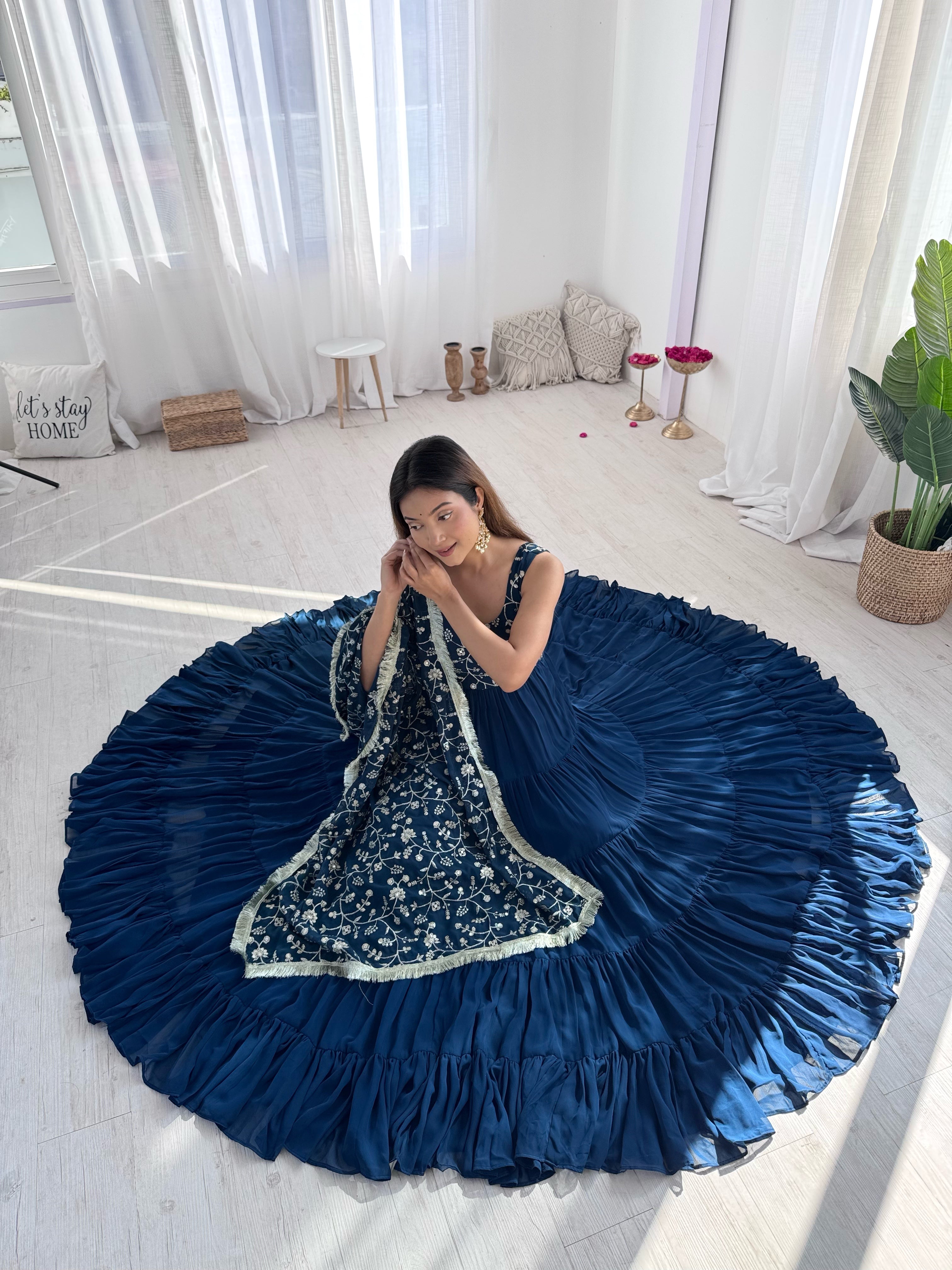 Party Wear Navy Blue Color Heavy Pure Soft Faux Georgette Designer Gown