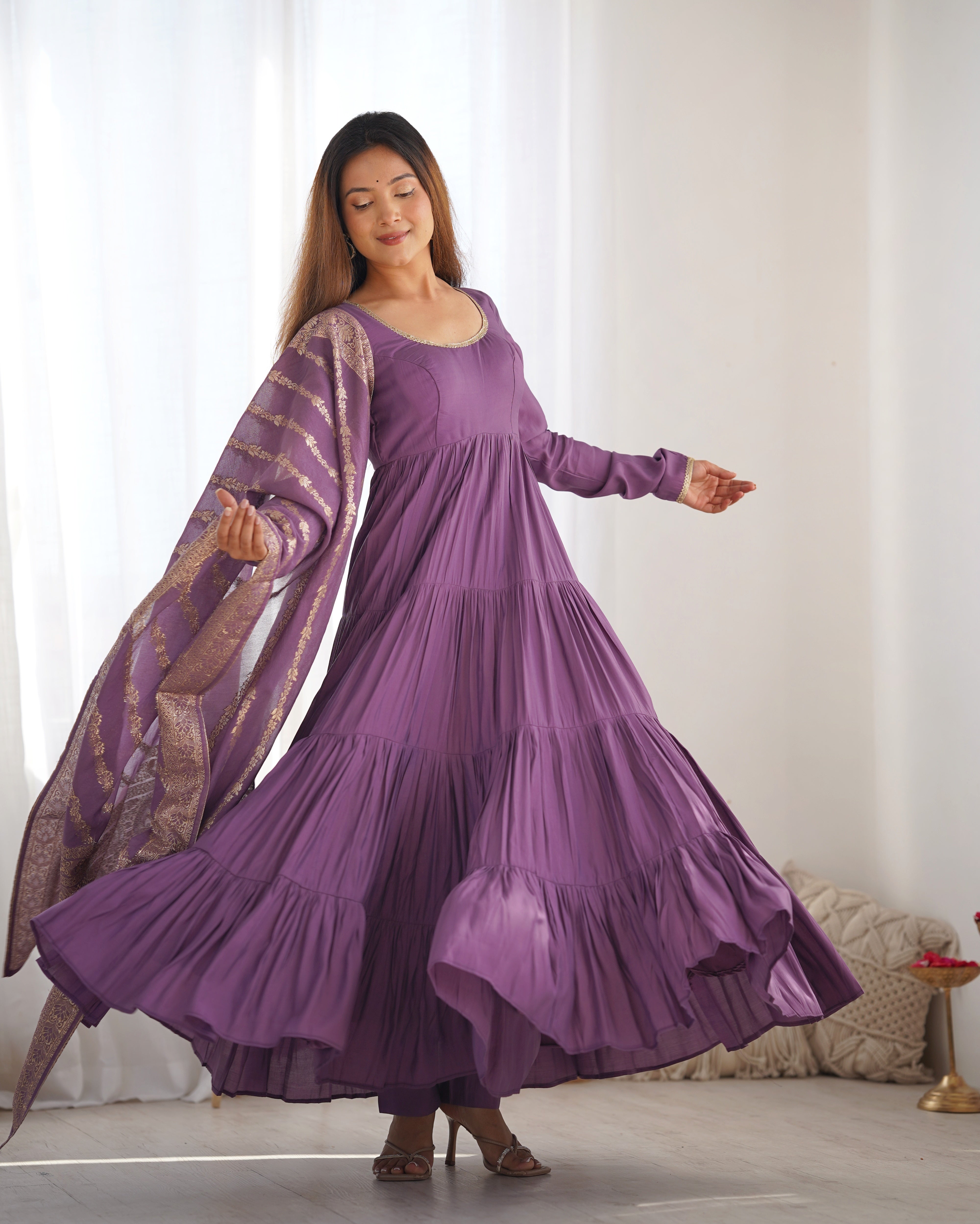 Presenting Purple Color Pure Roman Silk Chanderi Fabric Fully Flair Anarkali Gown With Dupatta
