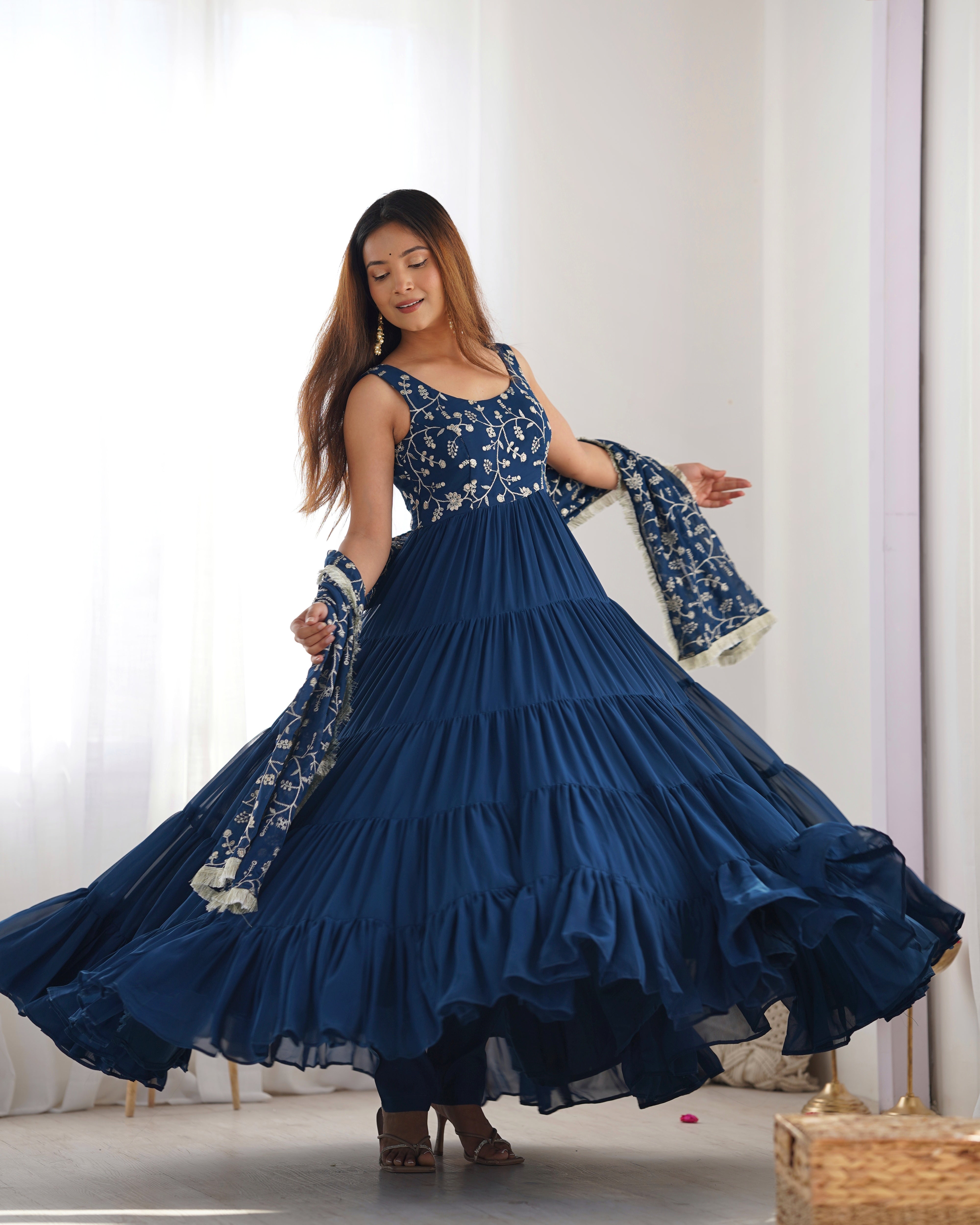 Party Wear Navy Blue Color Heavy Pure Soft Faux Georgette Designer Gown