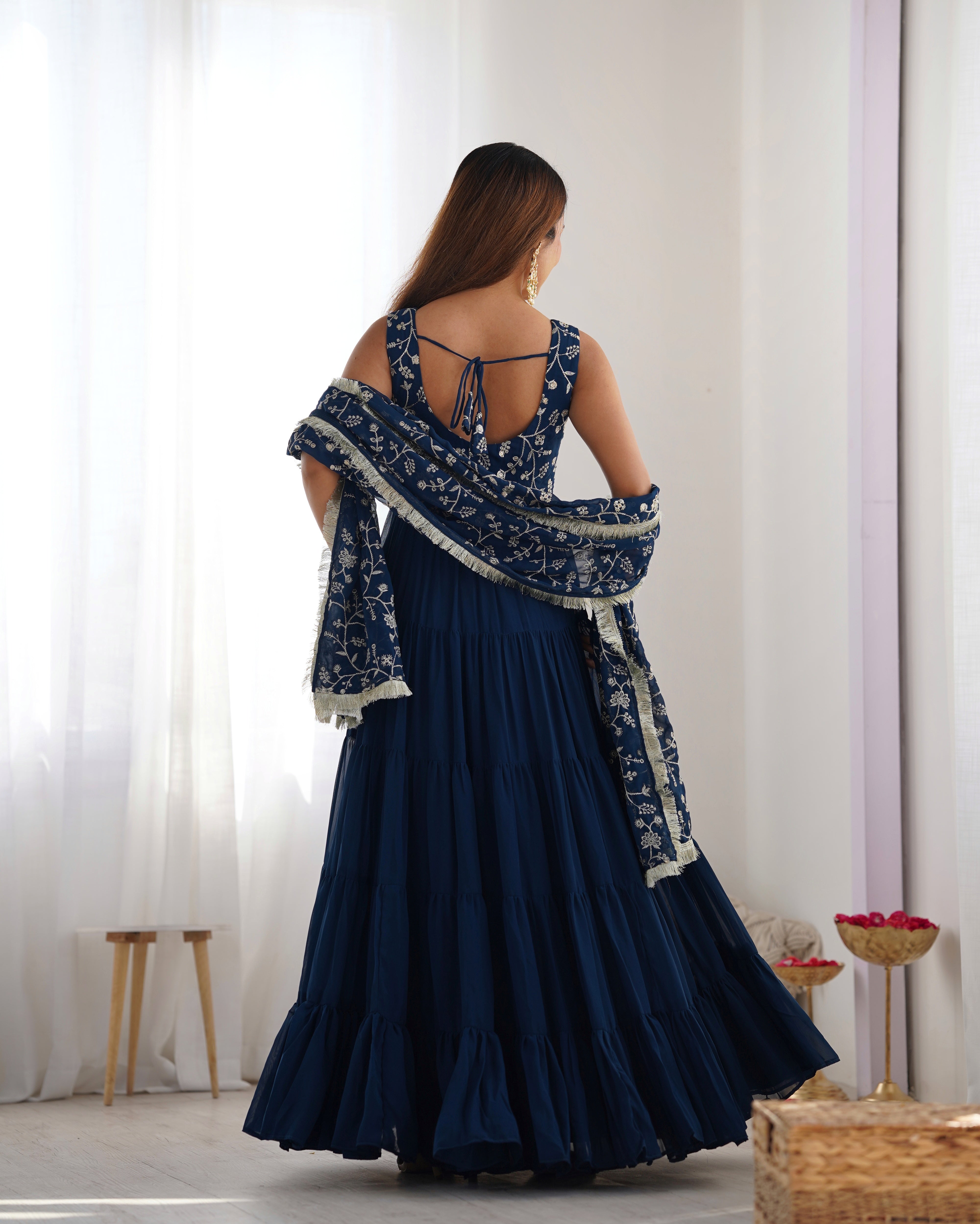 Party Wear Navy Blue Color Heavy Pure Soft Faux Georgette Designer Gown