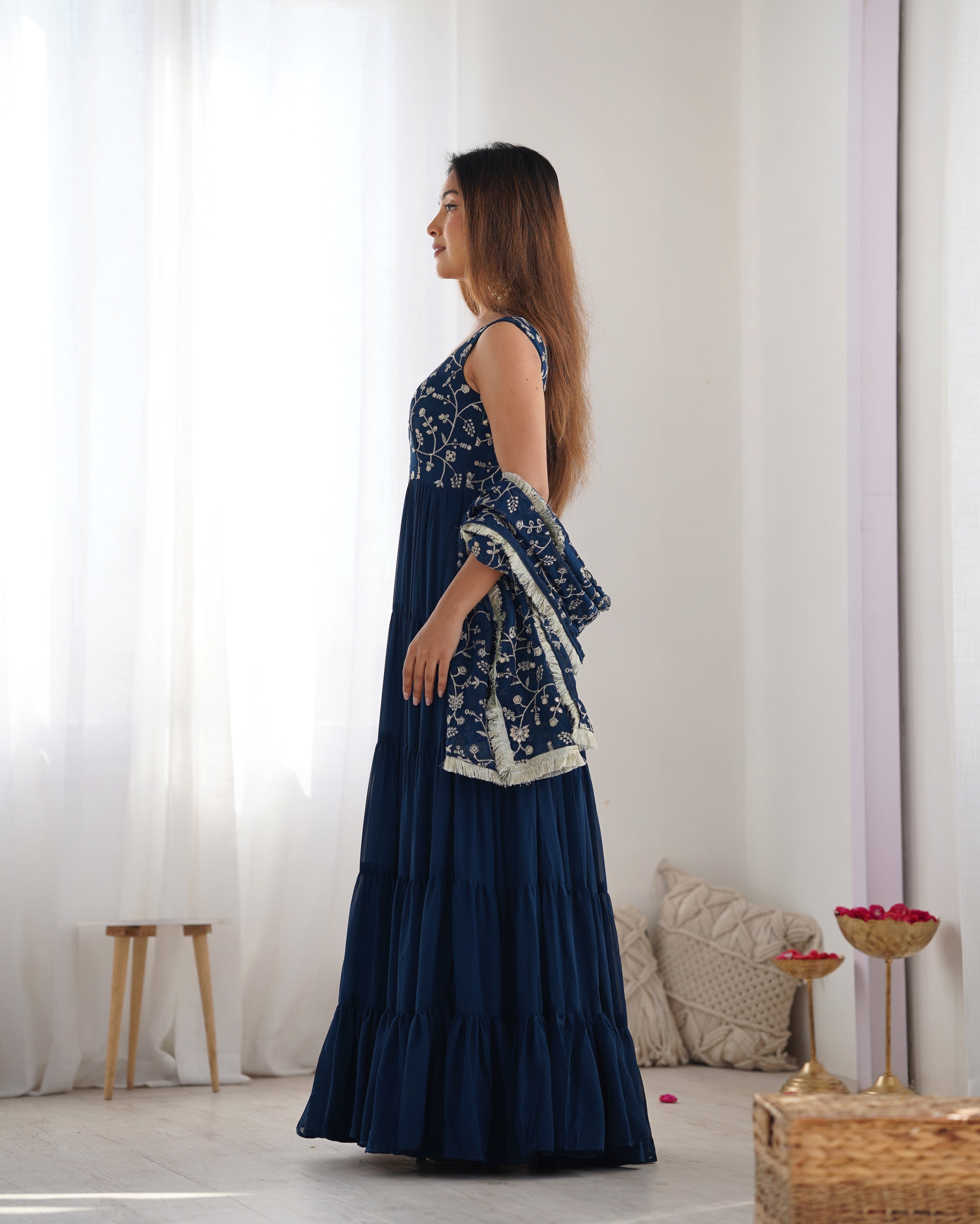 Party Wear Navy Blue Color Heavy Pure Soft Faux Georgette Designer Gown