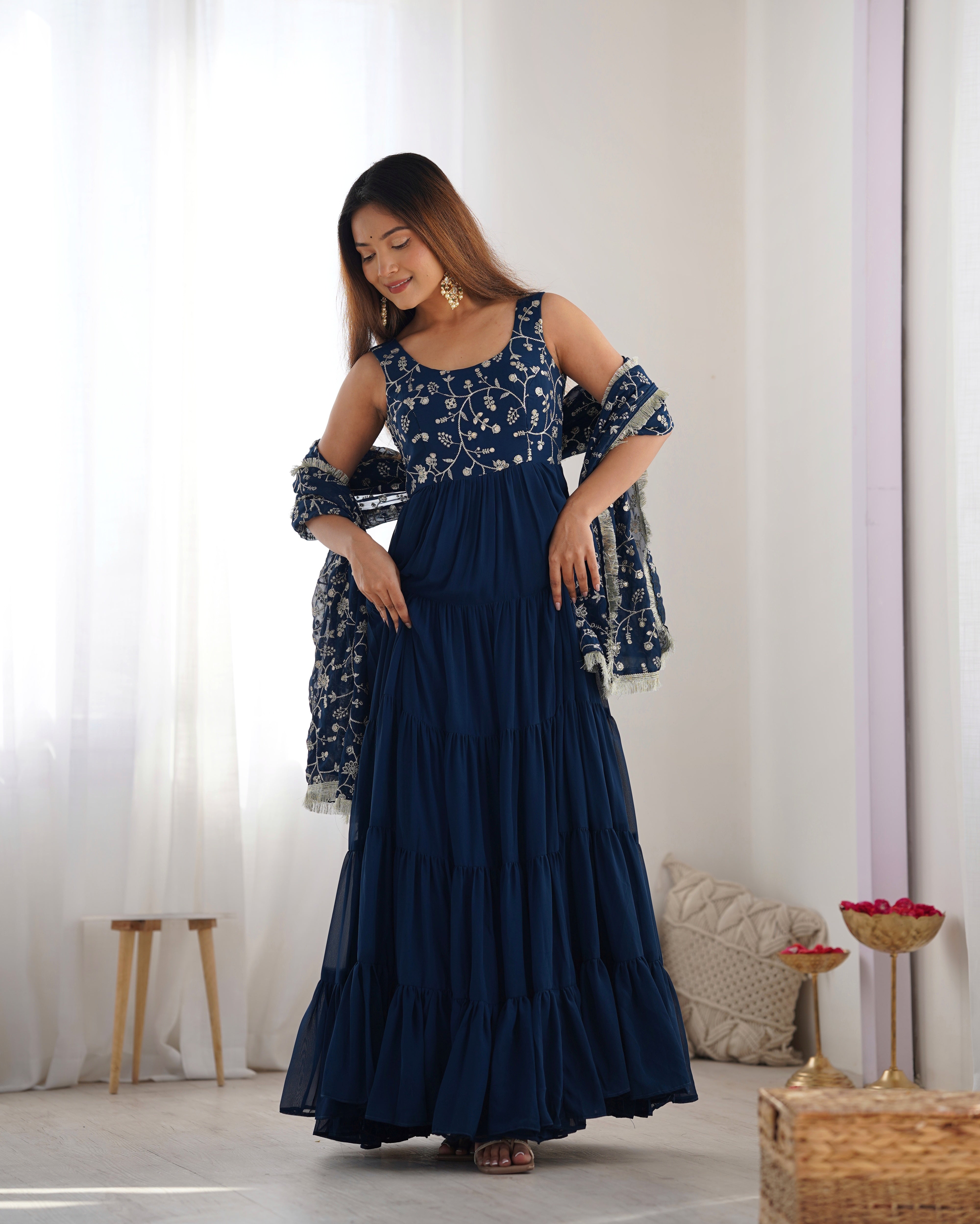 Party Wear Navy Blue Color Heavy Pure Soft Faux Georgette Designer Gown