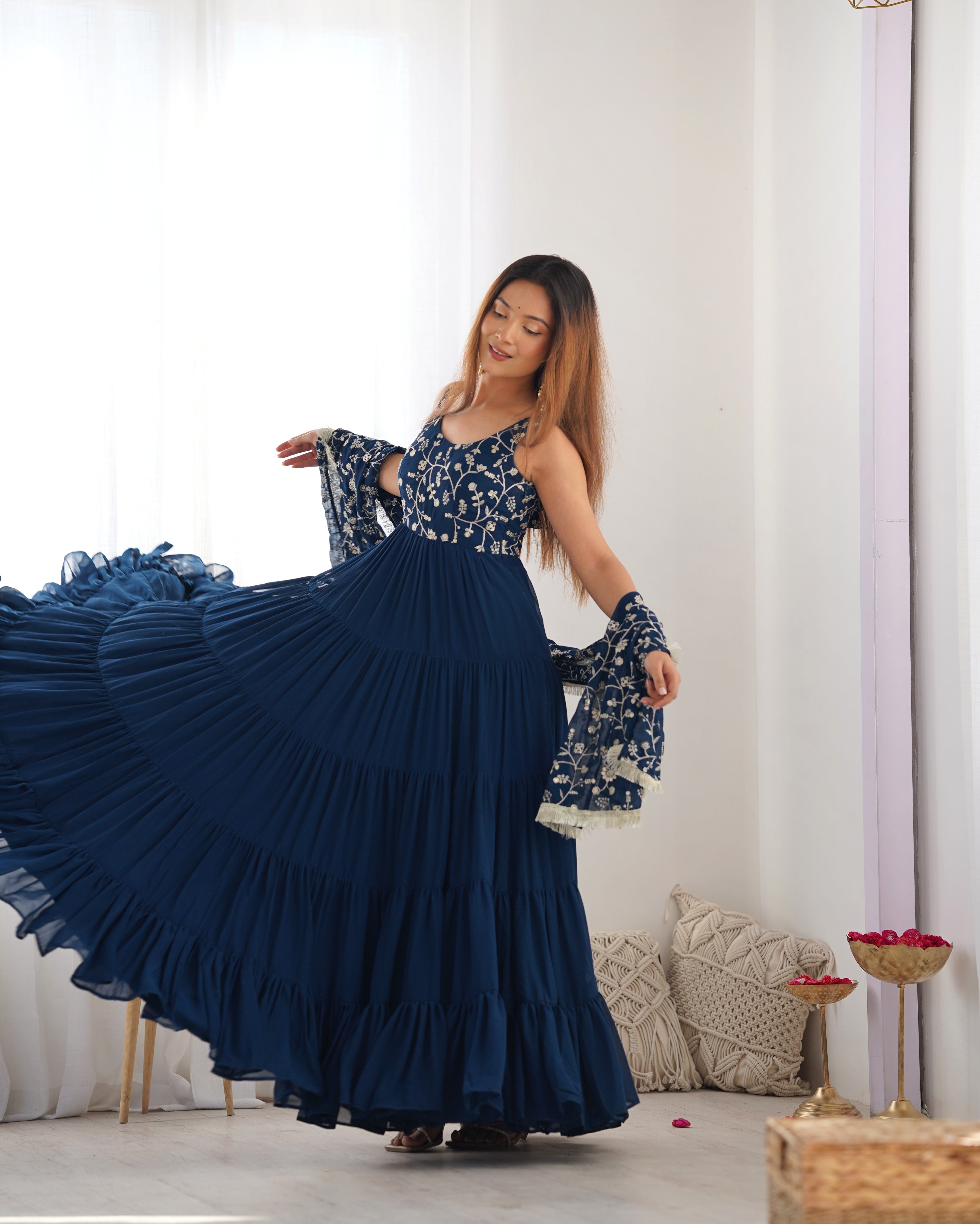 Party Wear Navy Blue Color Heavy Pure Soft Faux Georgette Designer Gown