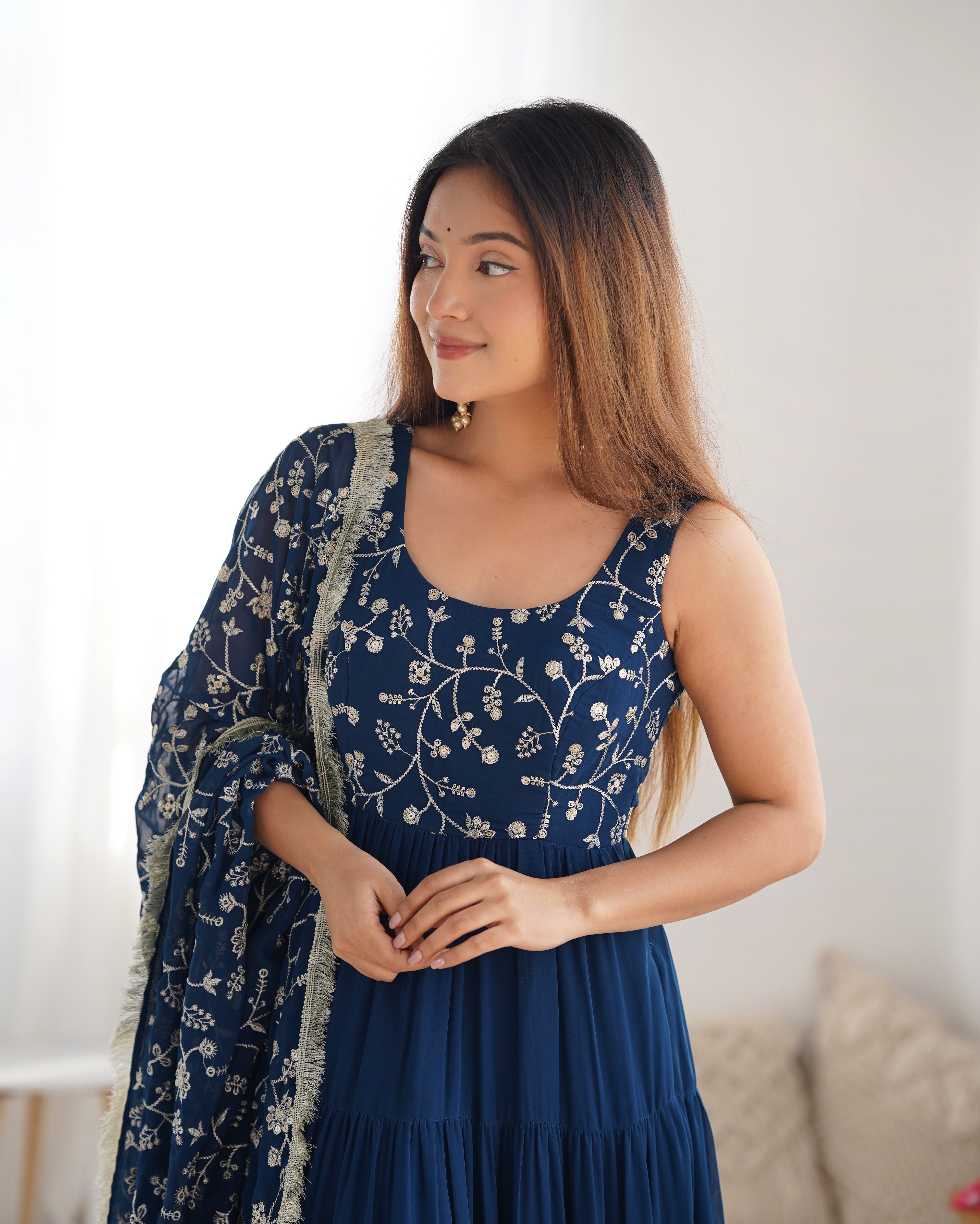 Party Wear Navy Blue Color Heavy Pure Soft Faux Georgette Designer Gown