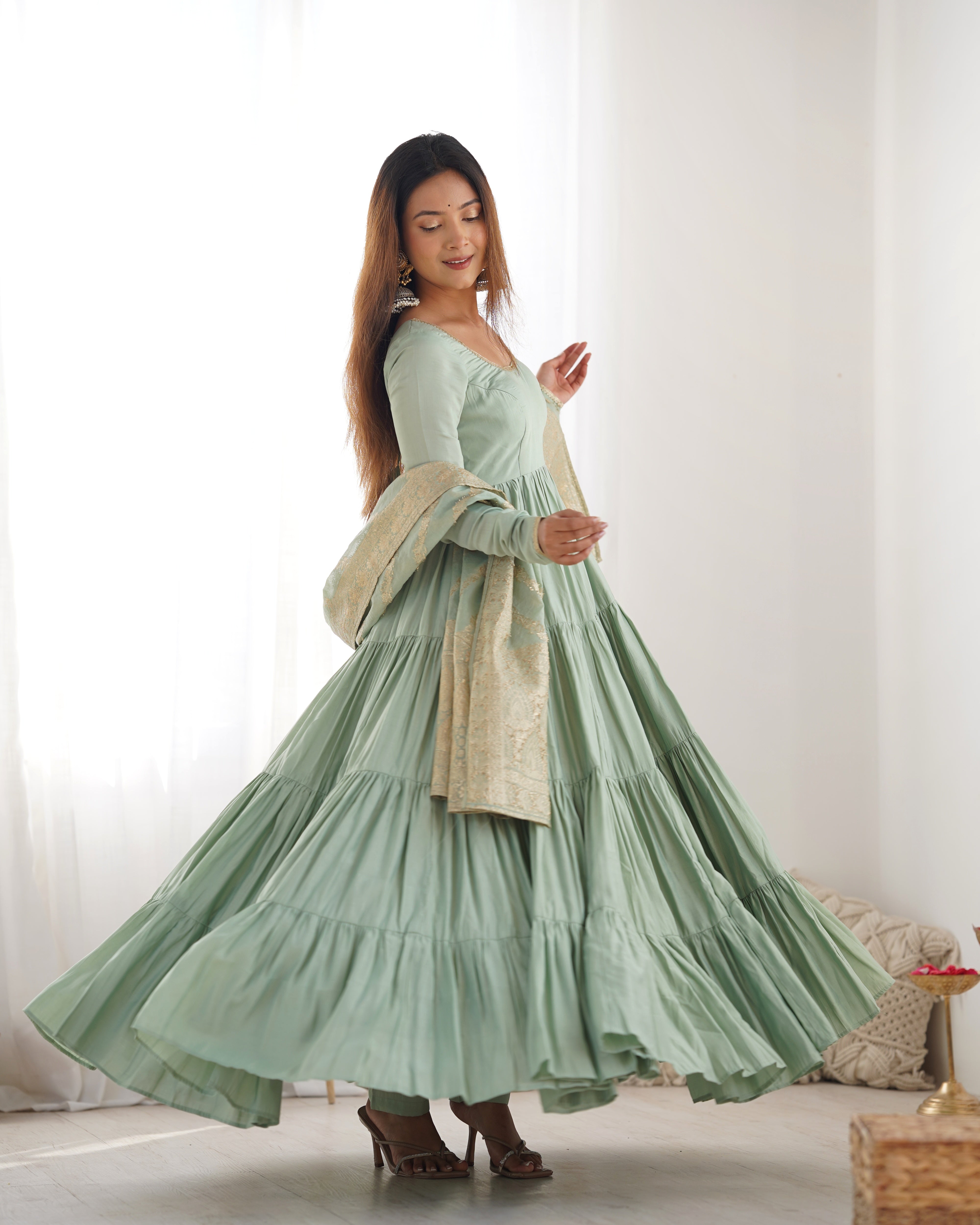 Charming Pista Color Pure Roman Silk Chanderi Fabric Fully Flair Anarkali Gown With Dupatta