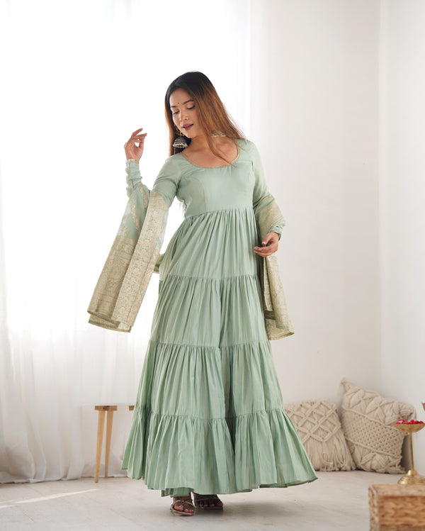 Charming Pista Color Pure Roman Silk Chanderi Fabric Fully Flair Anarkali Gown With Dupatta