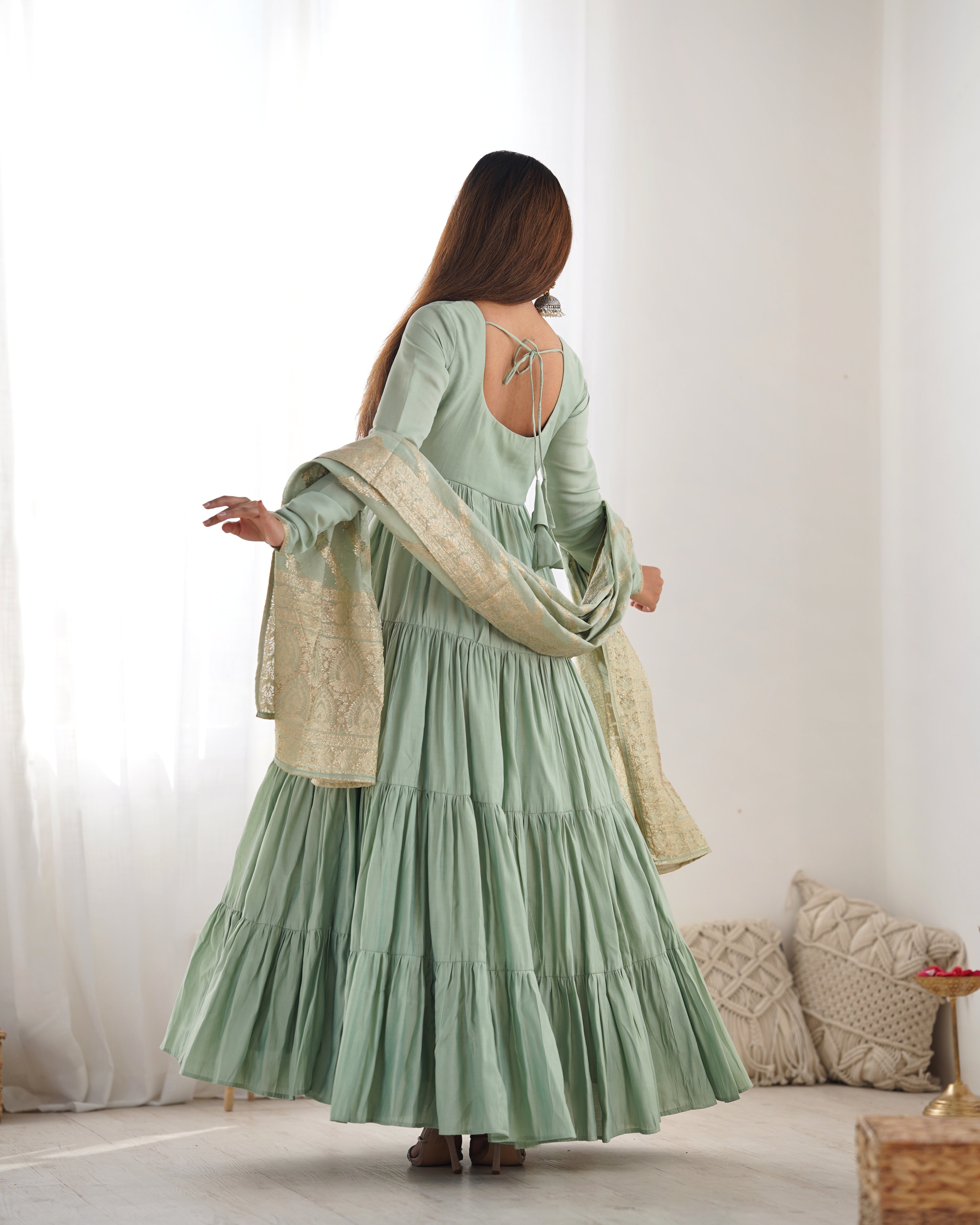 Charming Pista Color Pure Roman Silk Chanderi Fabric Fully Flair Anarkali Gown With Dupatta