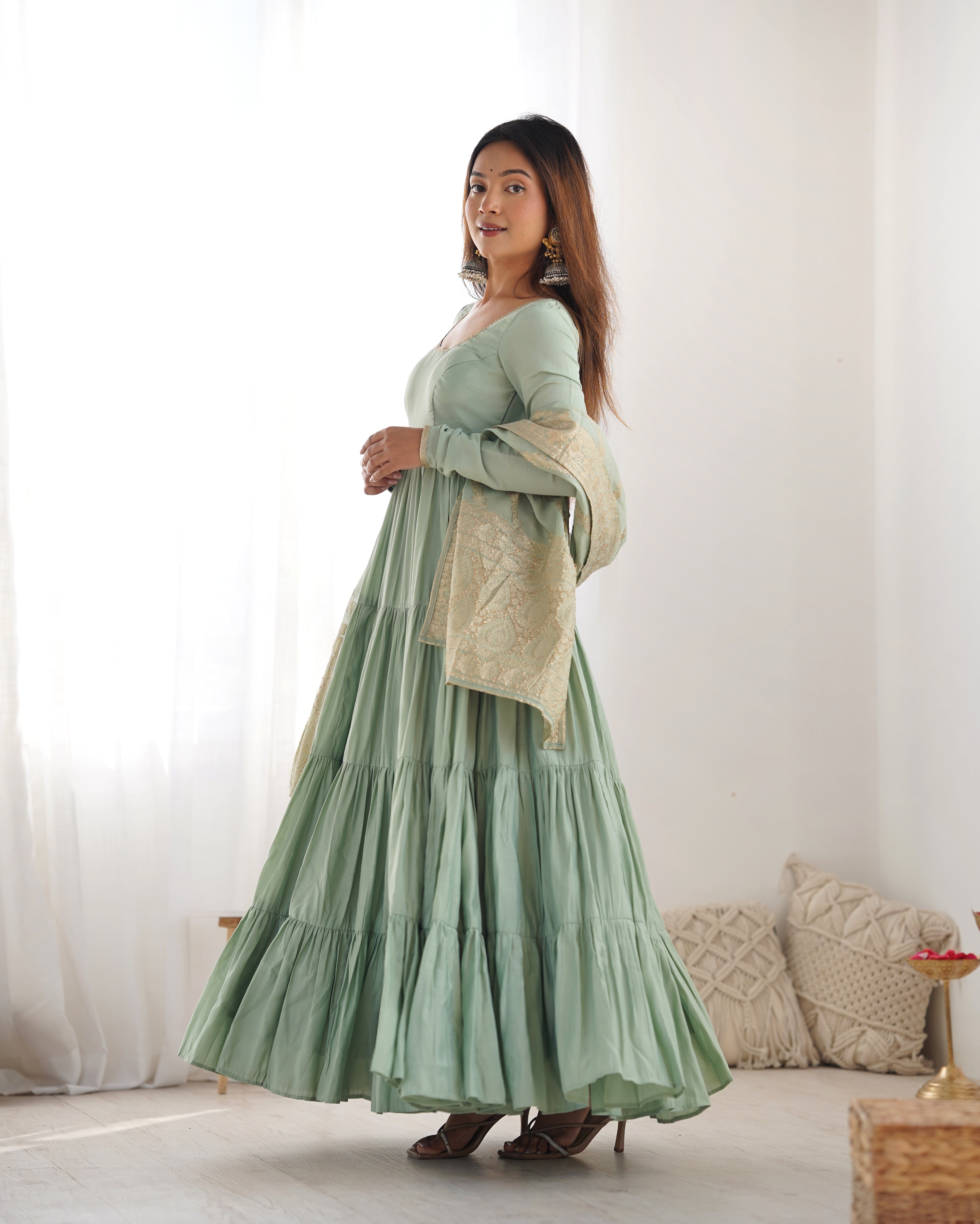 Charming Pista Color Pure Roman Silk Chanderi Fabric Fully Flair Anarkali Gown With Dupatta