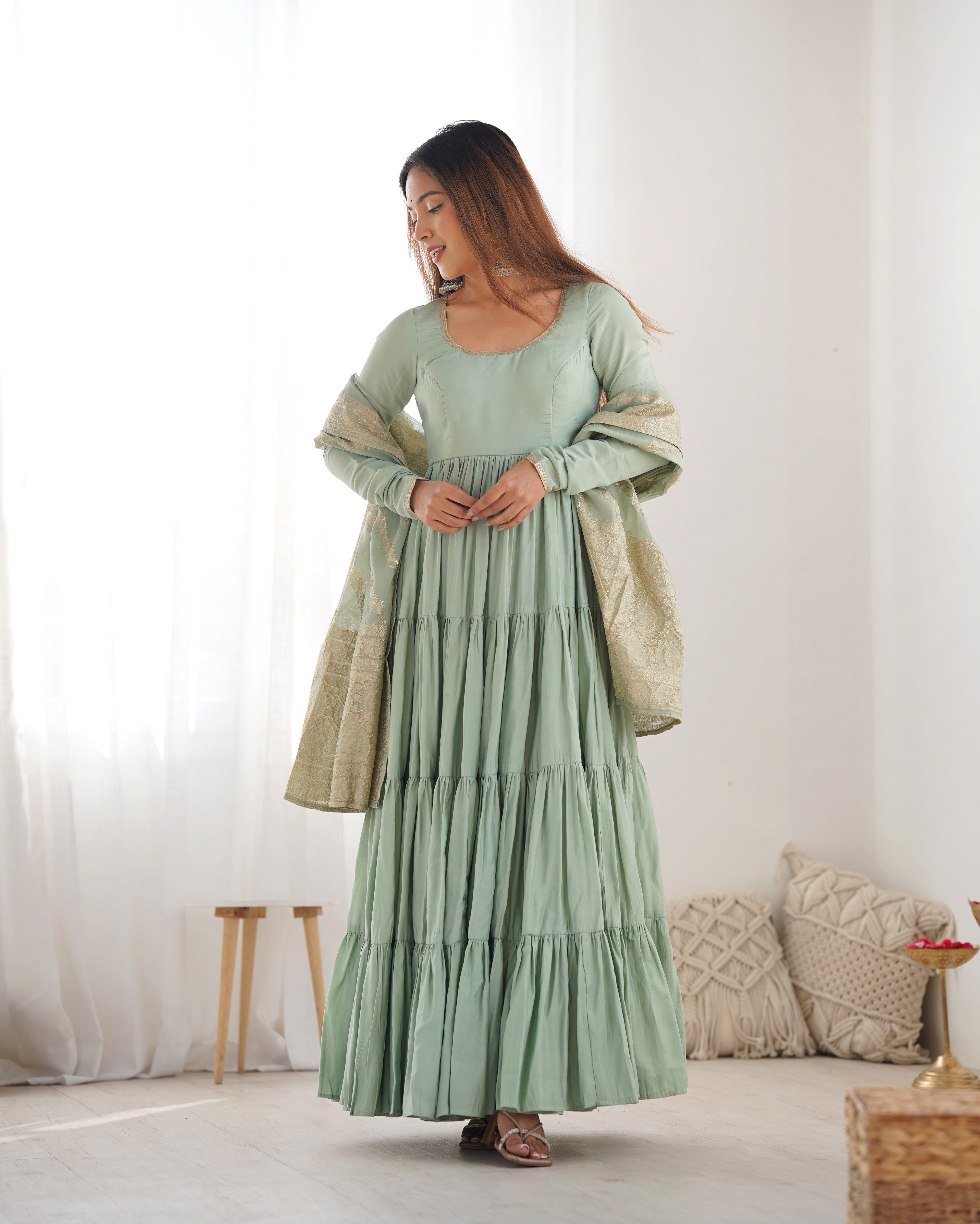 Charming Pista Color Pure Roman Silk Chanderi Fabric Fully Flair Anarkali Gown With Dupatta