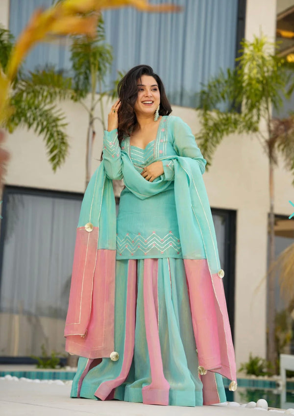 Neha's Multi Color Silk Embroidery Work Top With Lehenga