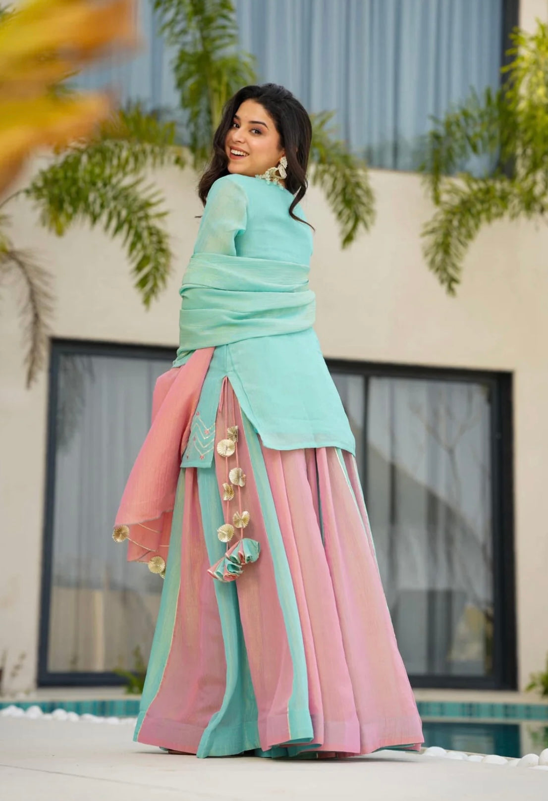 Neha's Multi Color Silk Embroidery Work Top With Lehenga