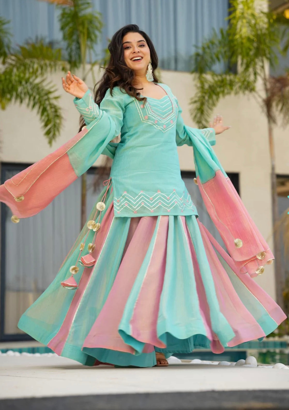 Neha's Multi Color Silk Embroidery Work Top With Lehenga