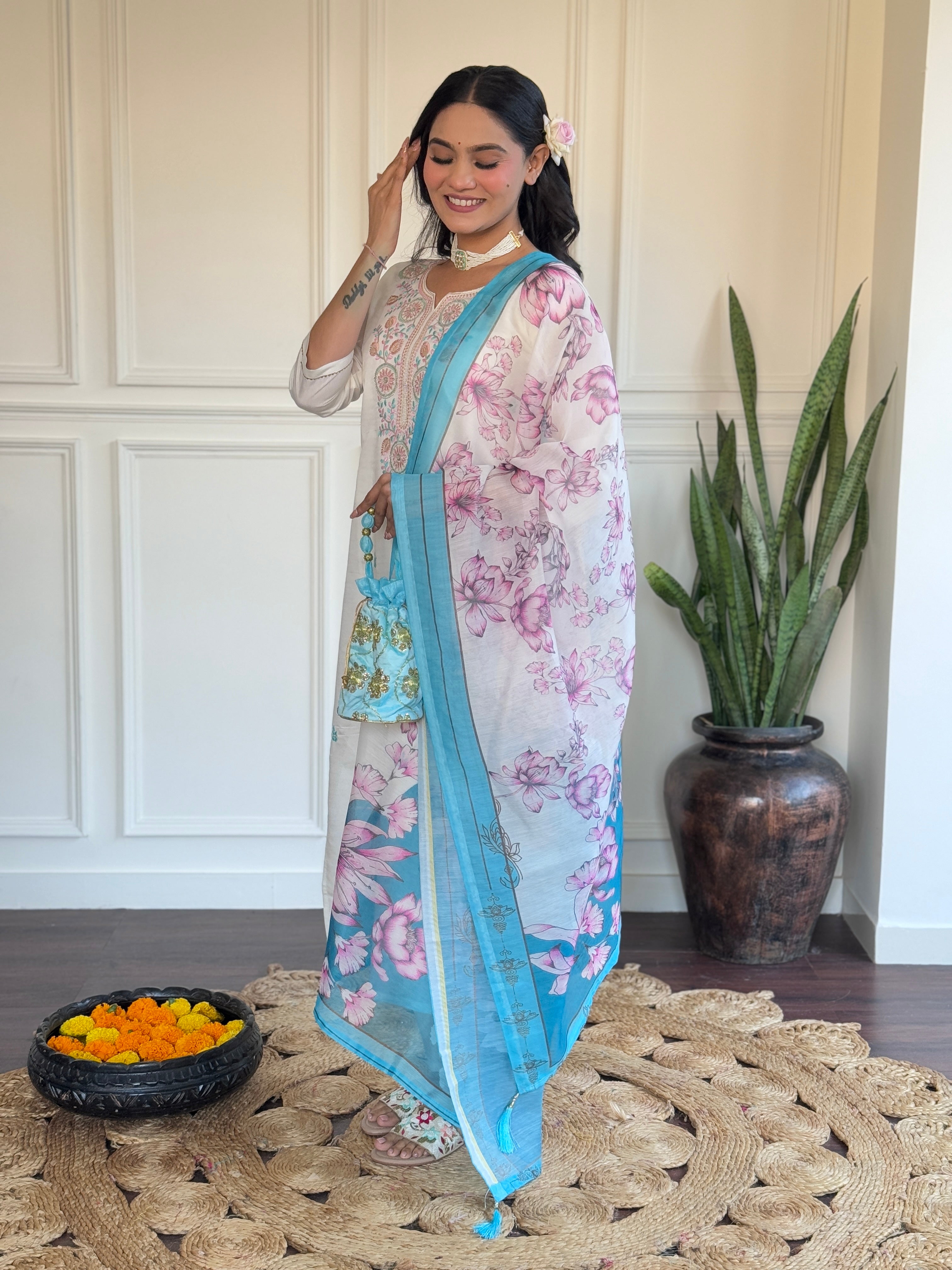 Fabulous Off White Viscose Chanderi With Embroidery Work Kurta Set