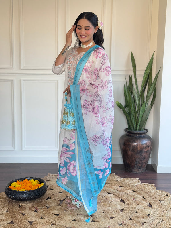 Fabulous Off White Viscose Chanderi With Embroidery Work Kurta Set