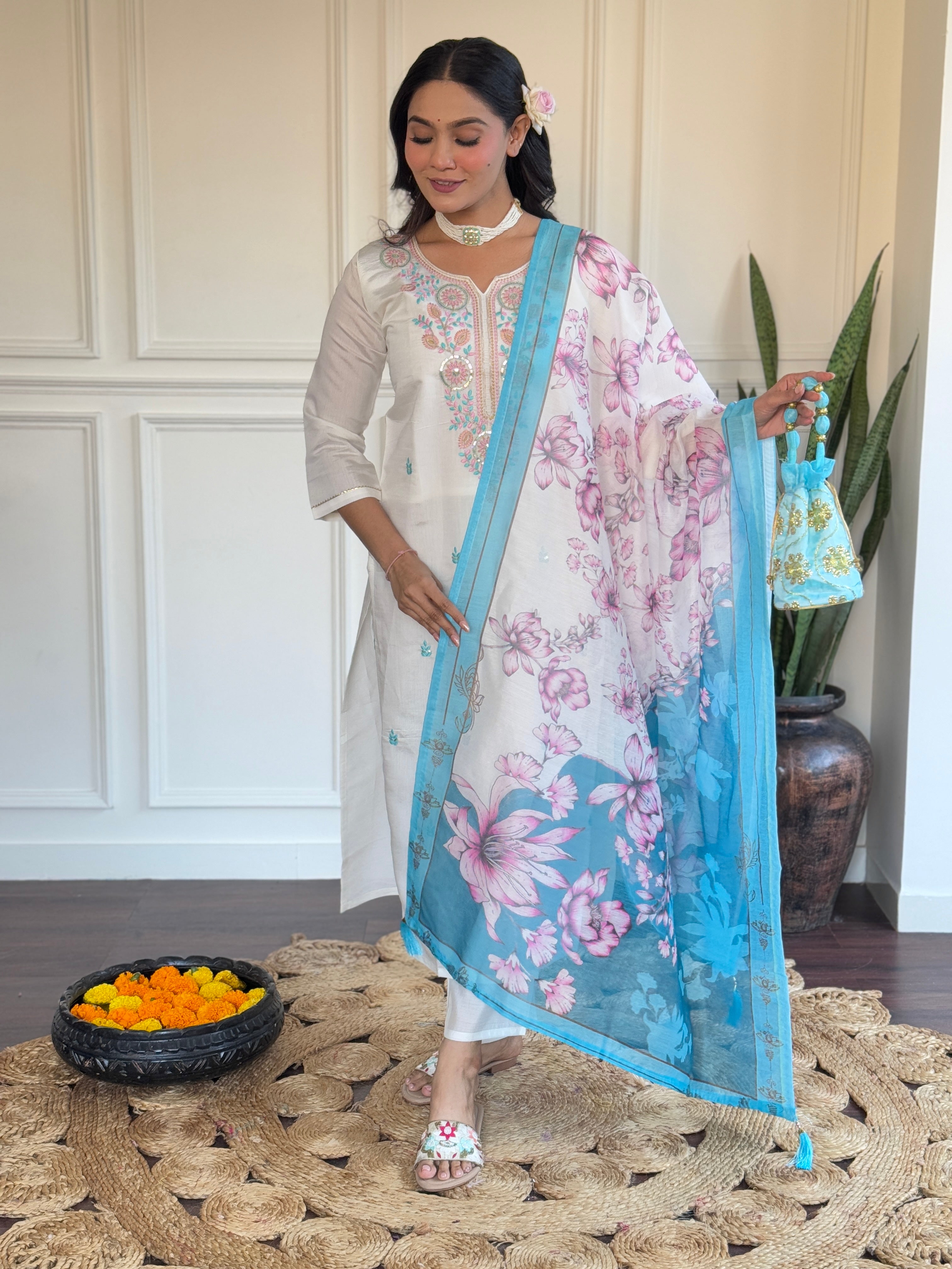 Sky Blue Color Viscose Chanderi With Embroidery Work Designer Kurta Set