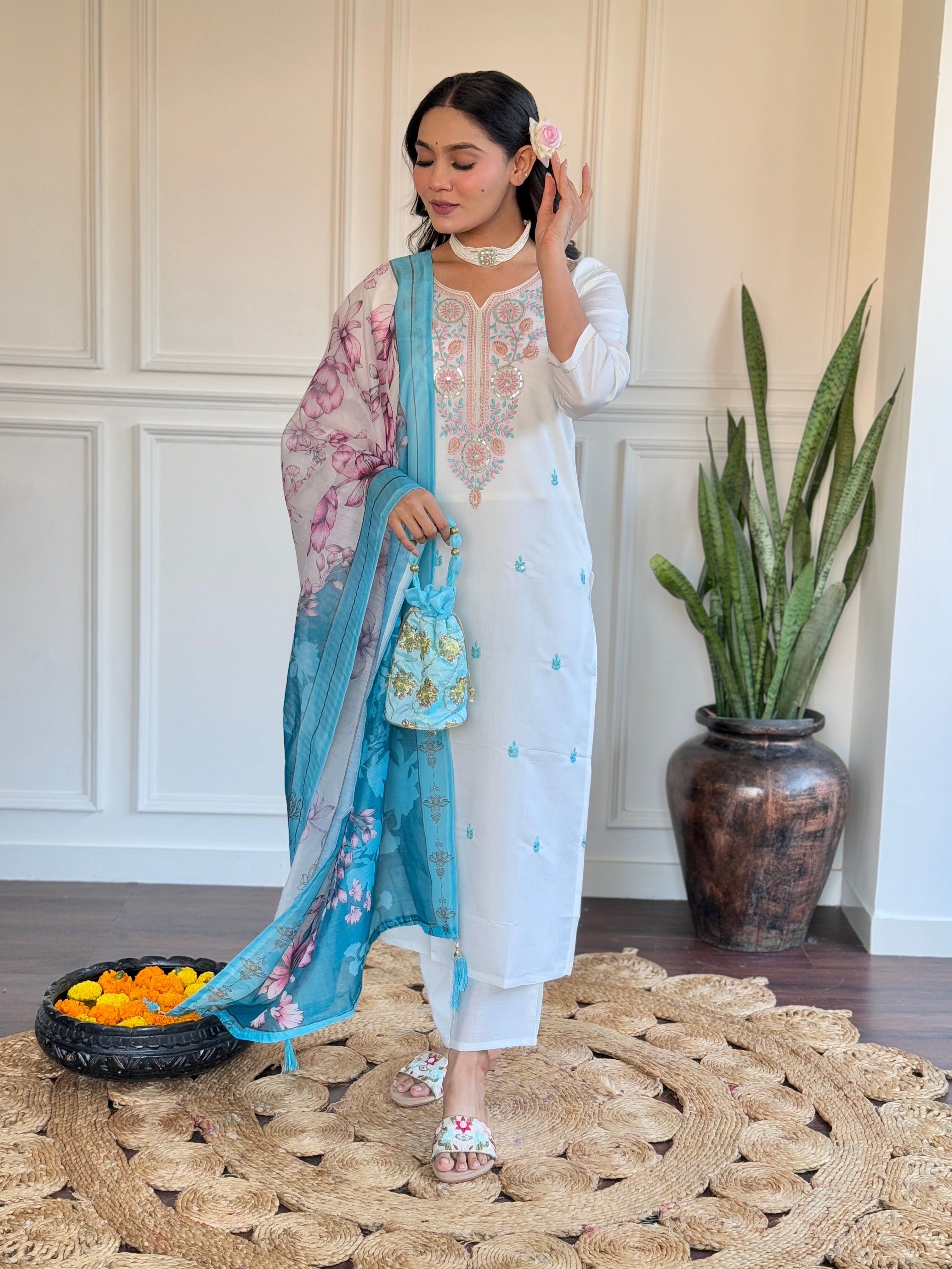 Fabulous Off White Viscose Chanderi With Embroidery Work Kurta Set