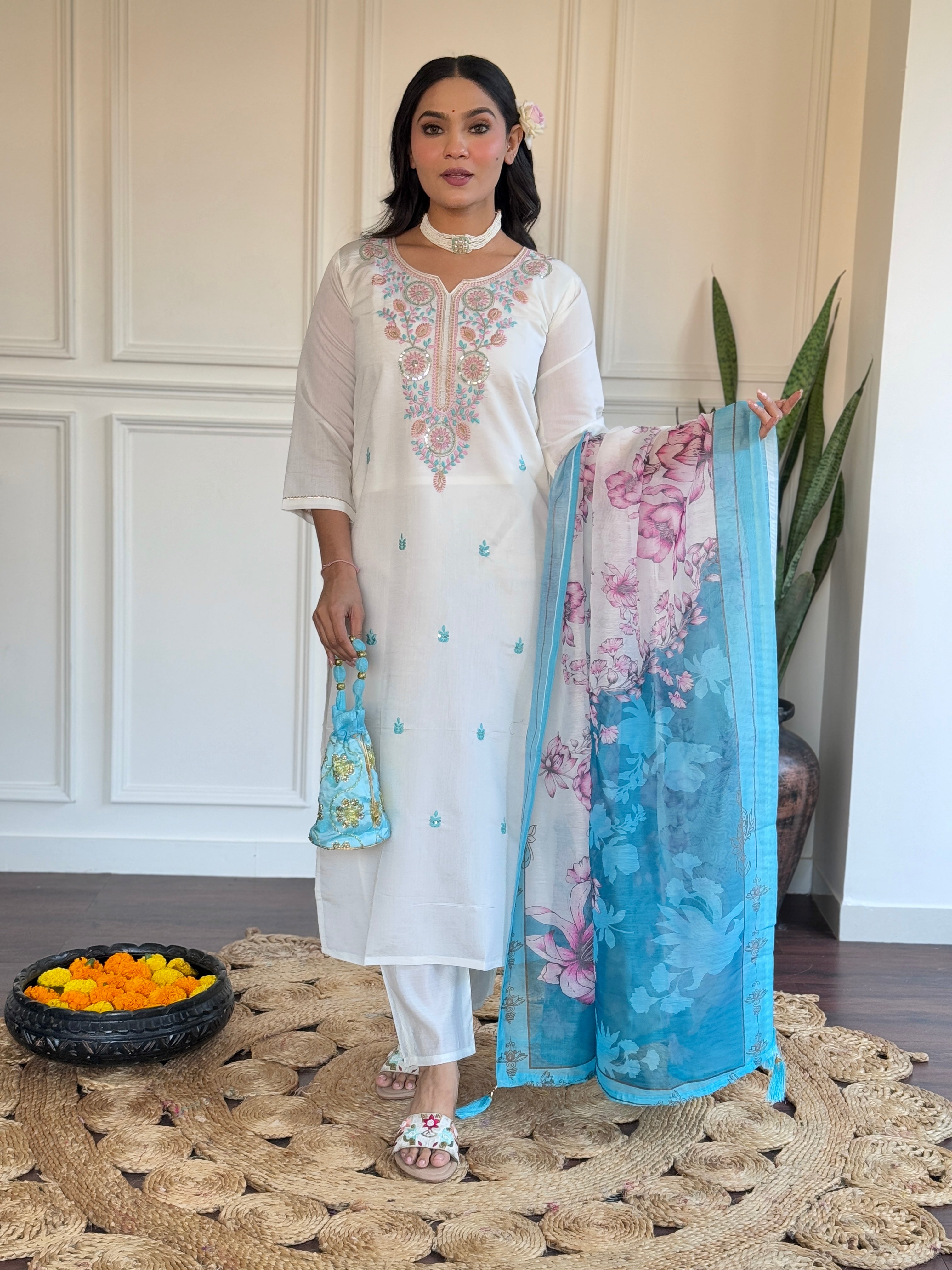 Sky Blue Color Viscose Chanderi With Embroidery Work Designer Kurta Set