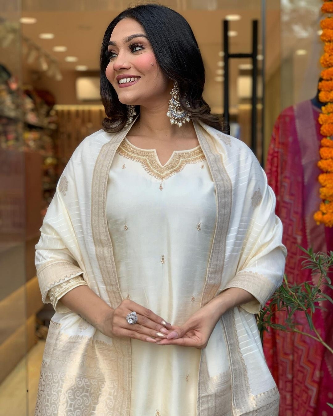 Ceremony Wear Off White Color Viscose Chanderi With Embroidery Straight Kurta Set