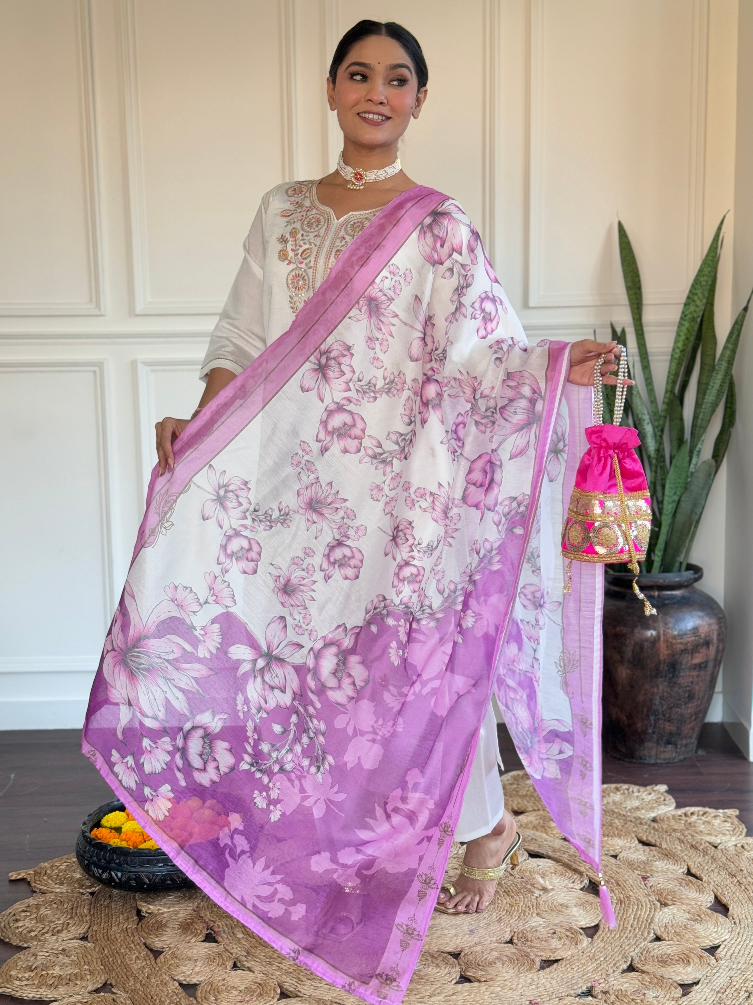 Fabulous Lavender Color Dupatta Viscose Chanderi With Embroidery Work Kurta Set