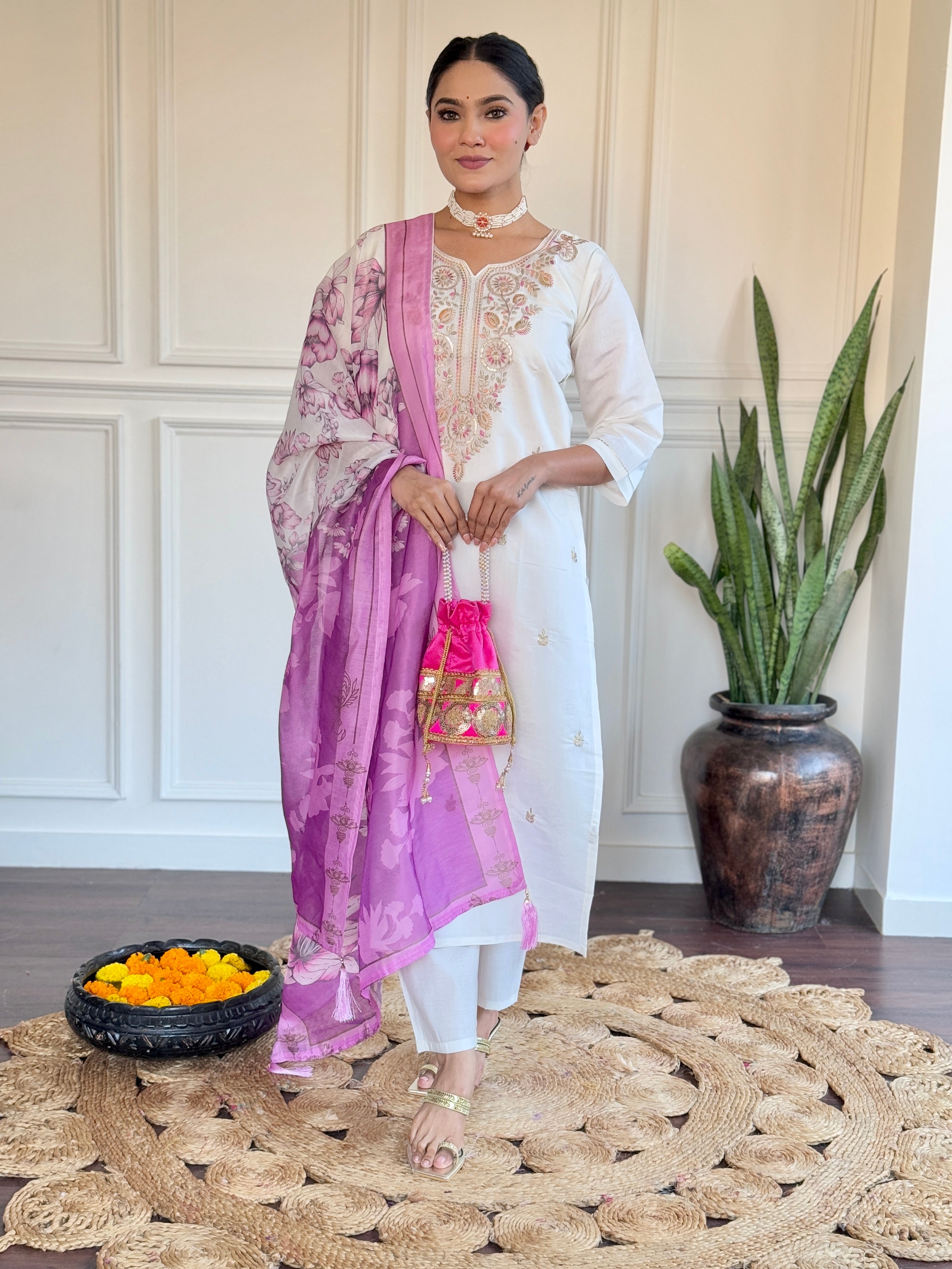 Lavender Color Viscose Chanderi With Embroidery Work Designer Kurta Set