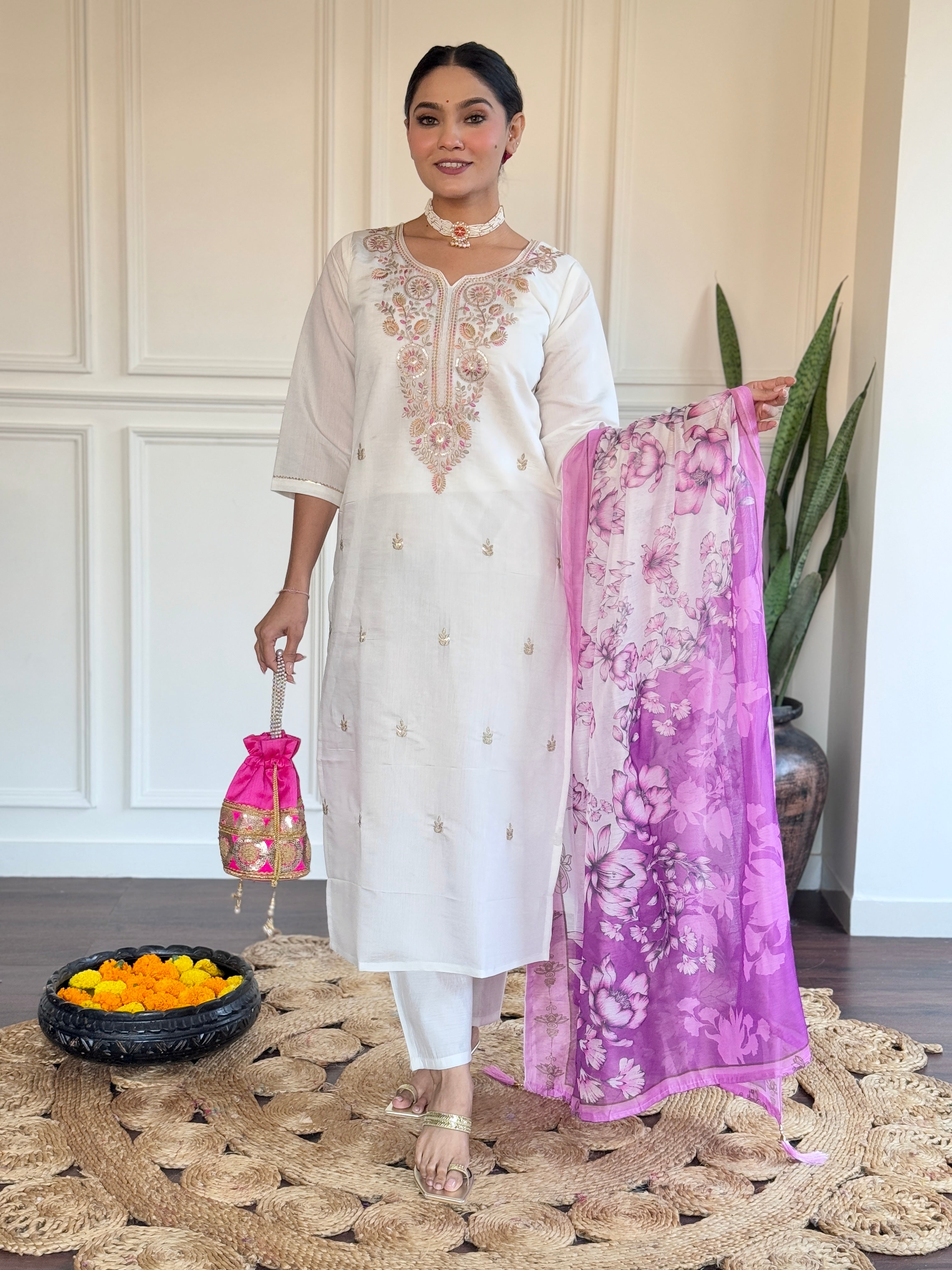 Lavender Color Viscose Chanderi With Embroidery Work Designer Kurta Set