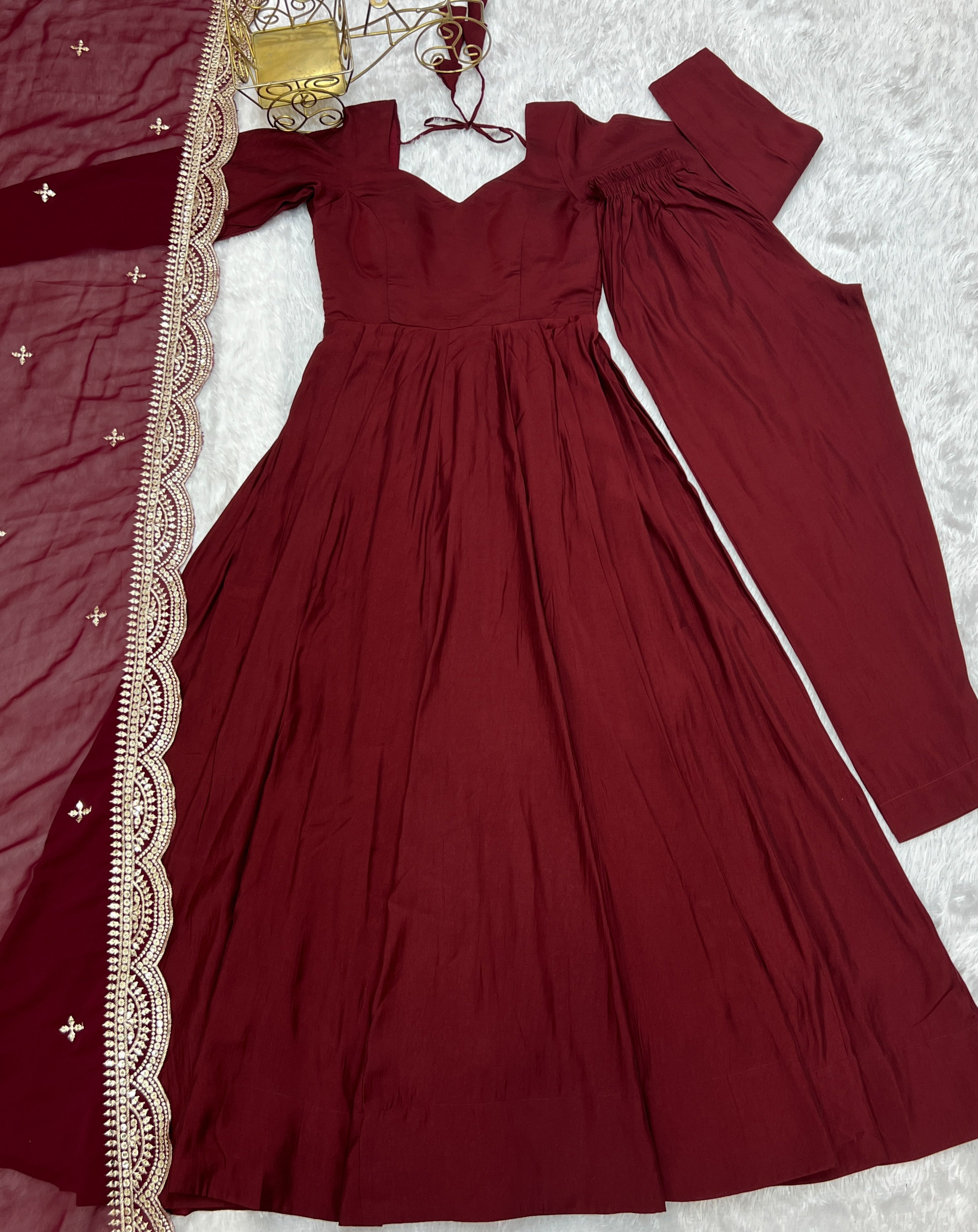 Maroon Color Plain Gown With Work Dupatta