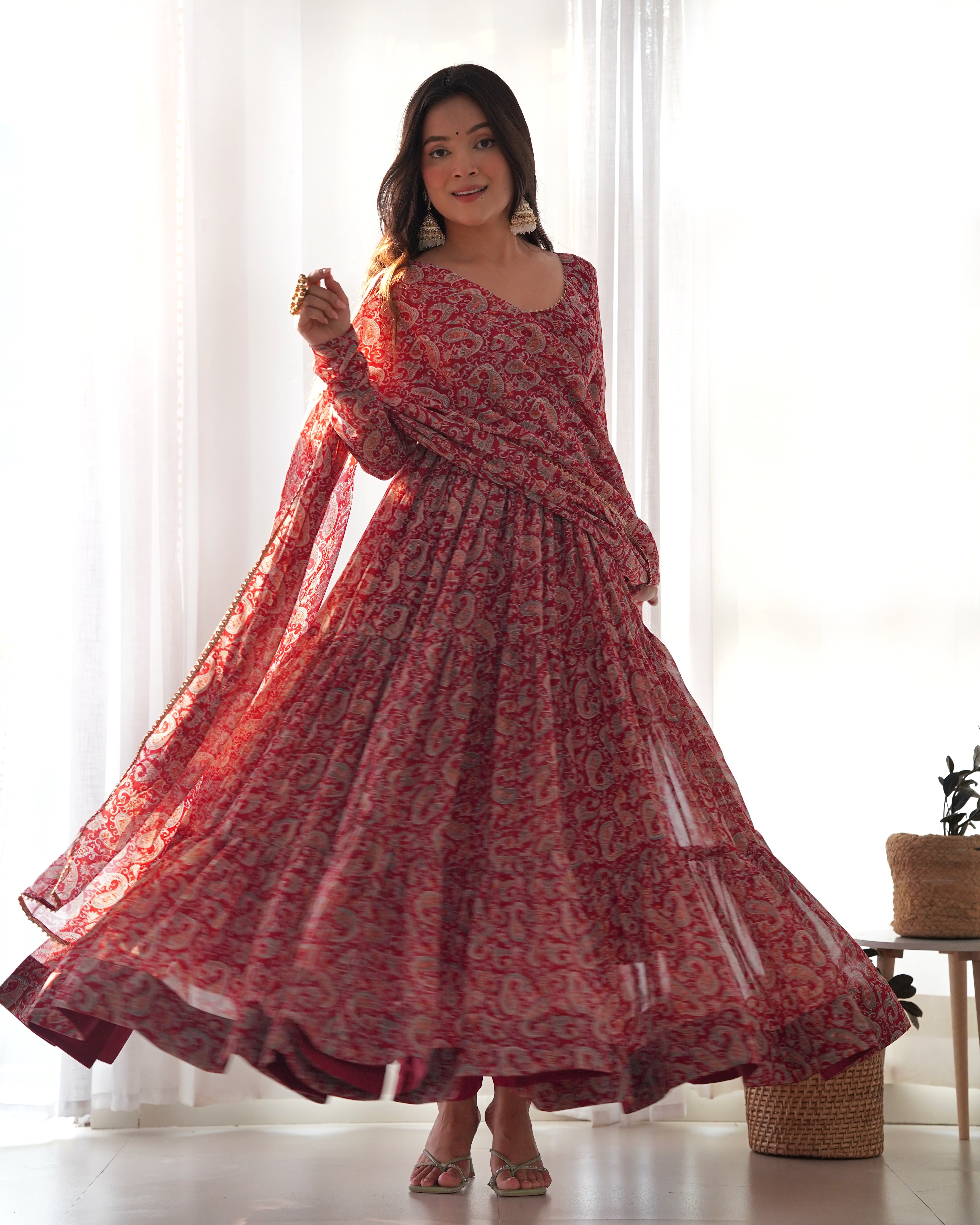 Ruffle Style Printed Maroon Color Gown