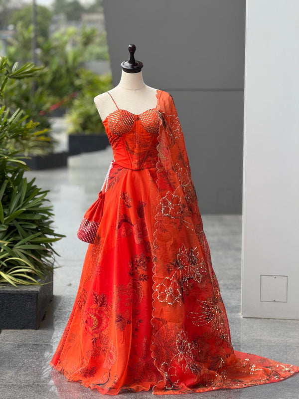 Orange Color Premium Organza Designer Corset Lehenga Choli For Women