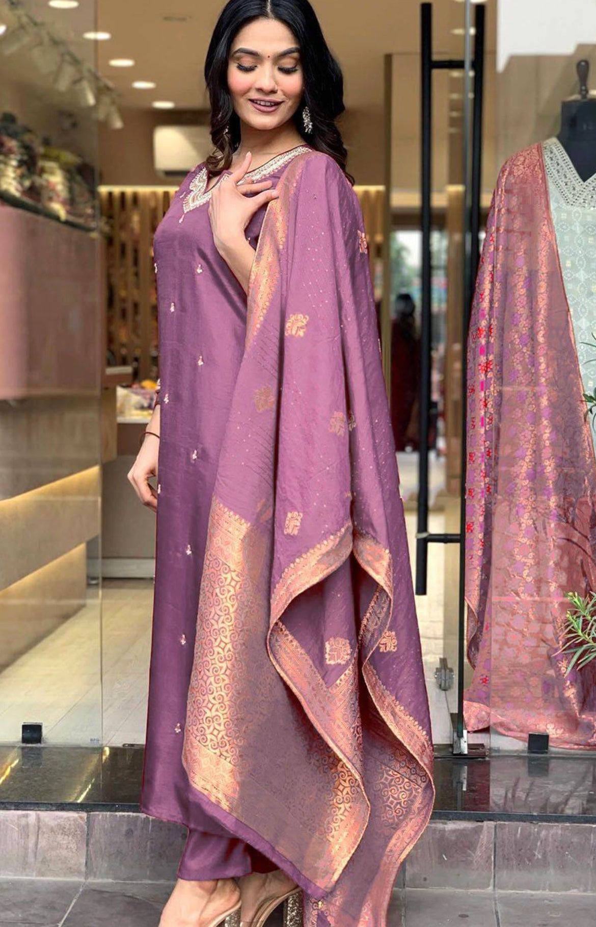 Ceremony Wear Onion Color Viscose Chanderi With Embroidery Straight Kurta Set