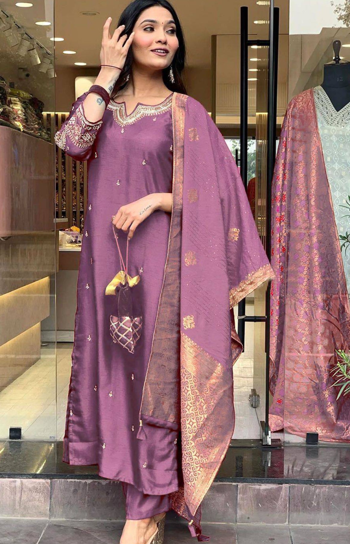 Ceremony Wear Onion Color Viscose Chanderi With Embroidery Straight Kurta Set