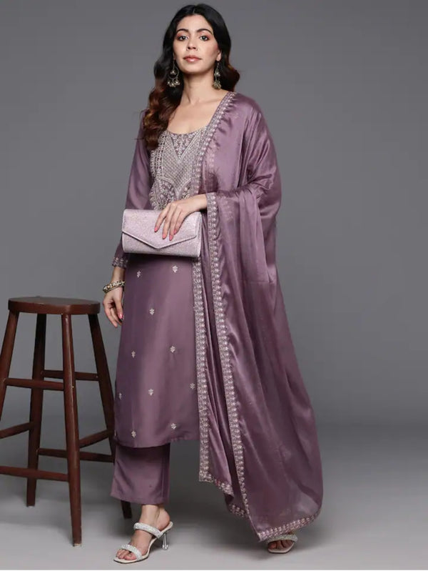 Glorious Onion Color Viscose Chanderi With Embroidery Work A-Line Kurta Set