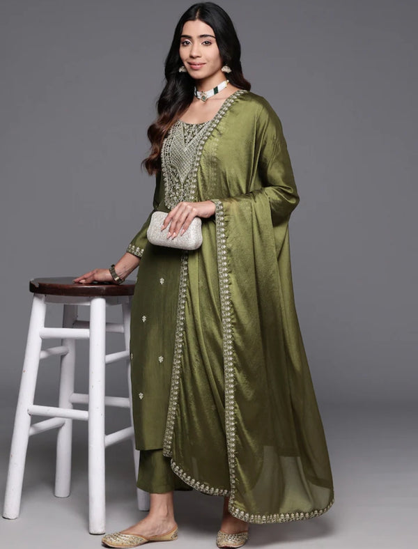 Glorious Mahendi Color Viscose Chanderi With Embroidery Work A-Line Kurta Set