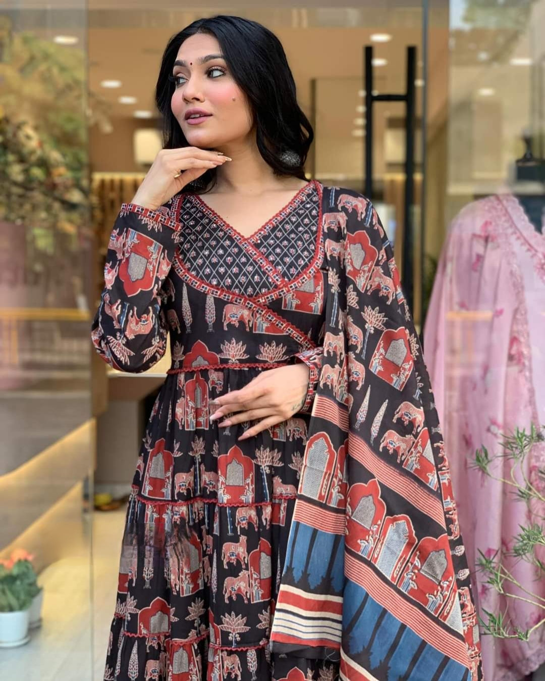 Blissful Black Color Cotton Print With Embroidery Work Fully Length Kurta Set