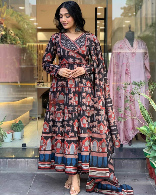 Blissful Black Color Cotton Print With Embroidery Work Fully Length Kurta Set