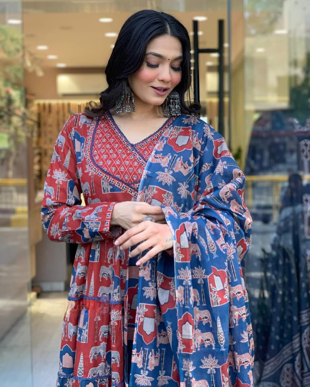 Classy Maroon Color Cotton Print With Embroidery Work Fully Length Kurta Set